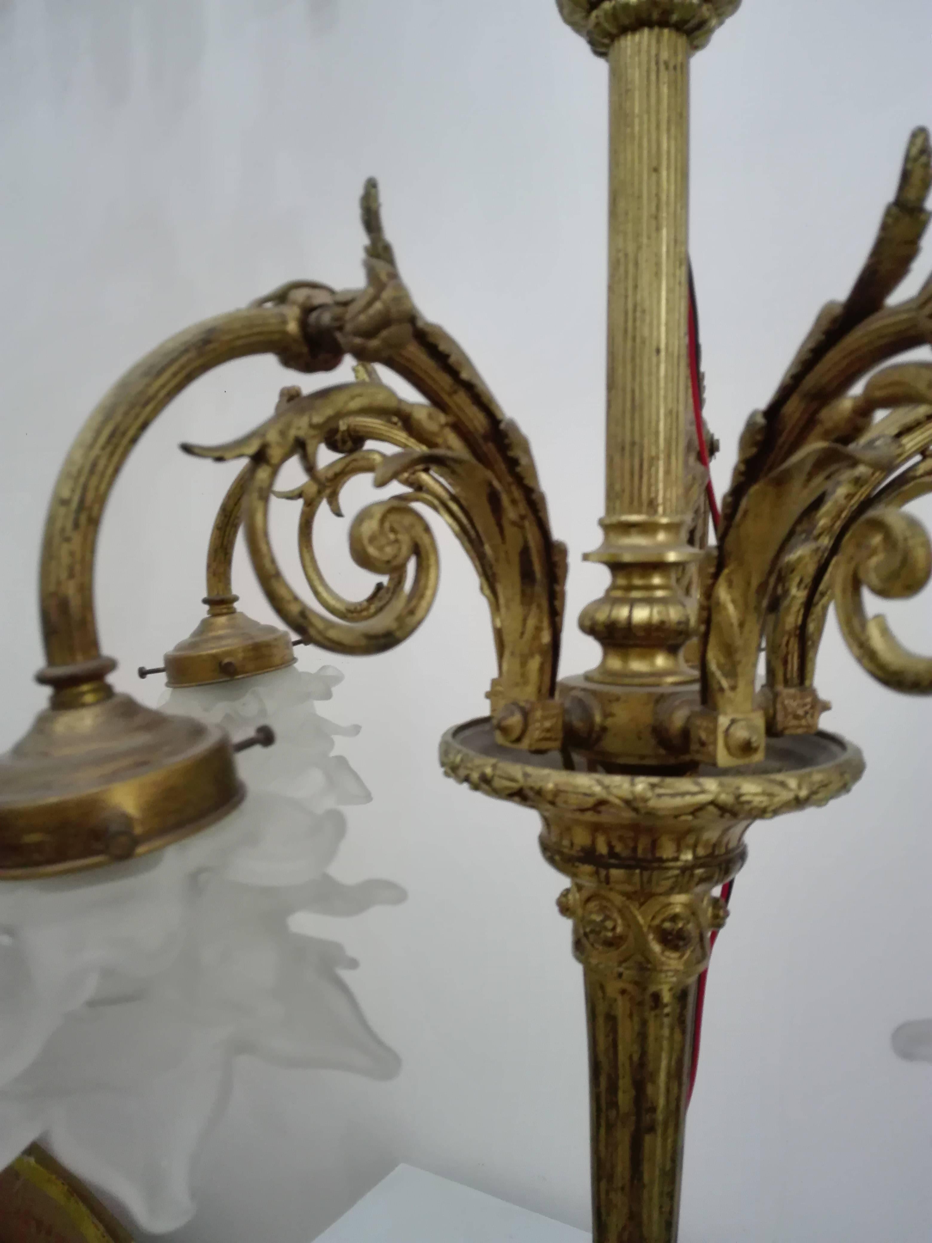 French Empire Style Chandelier, Bronze Structure and Glass Diffuser