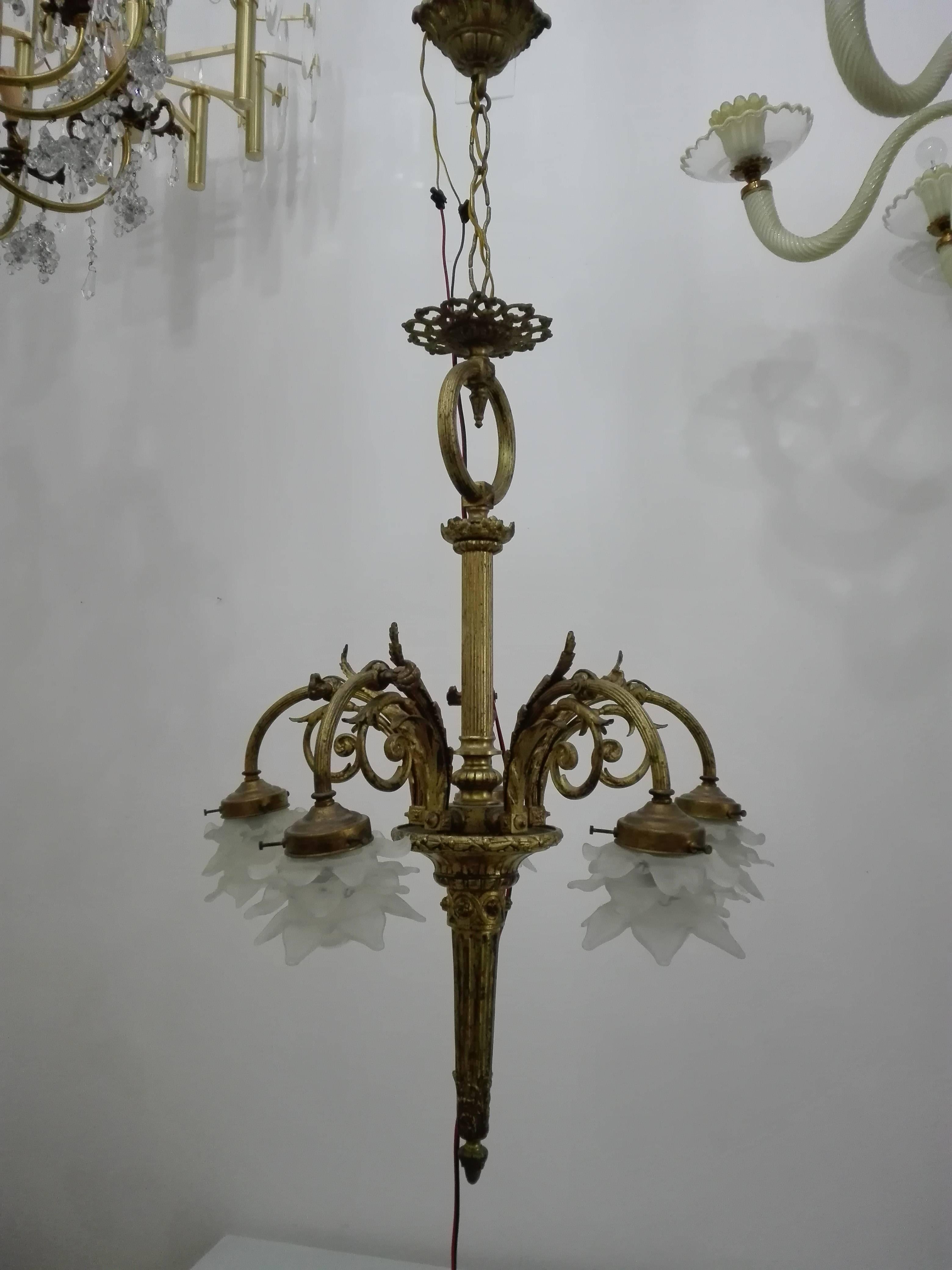 Beaded Empire Style Chandelier, Bronze Structure and Glass Diffuser