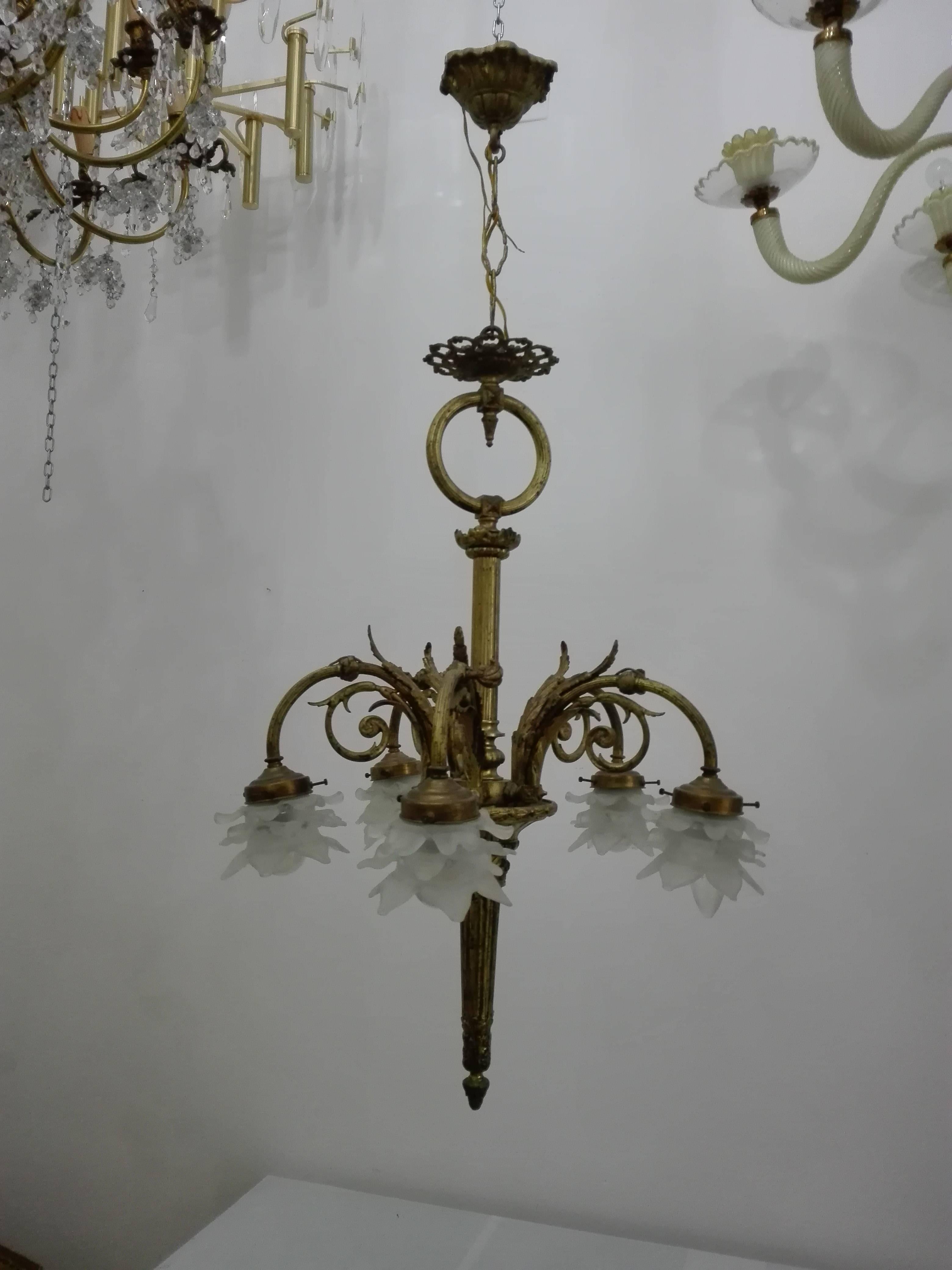 Brass Empire Style Chandelier, Bronze Structure and Glass Diffuser