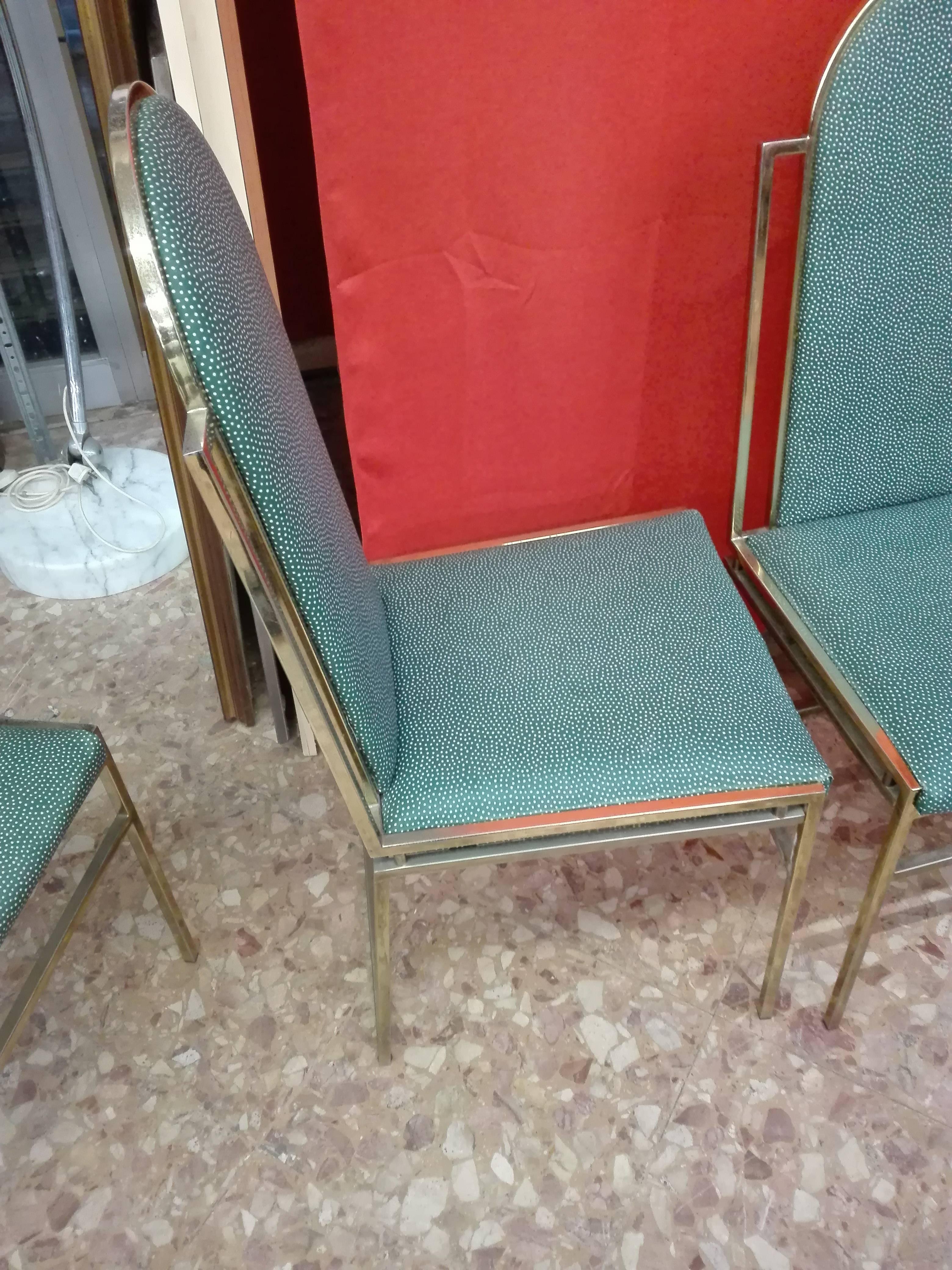 156/5000
Four 1970s design chairs, brass structure with seat and back upholstered in fabric, squared shapes, design that recalls the style of Romeo Rega
 