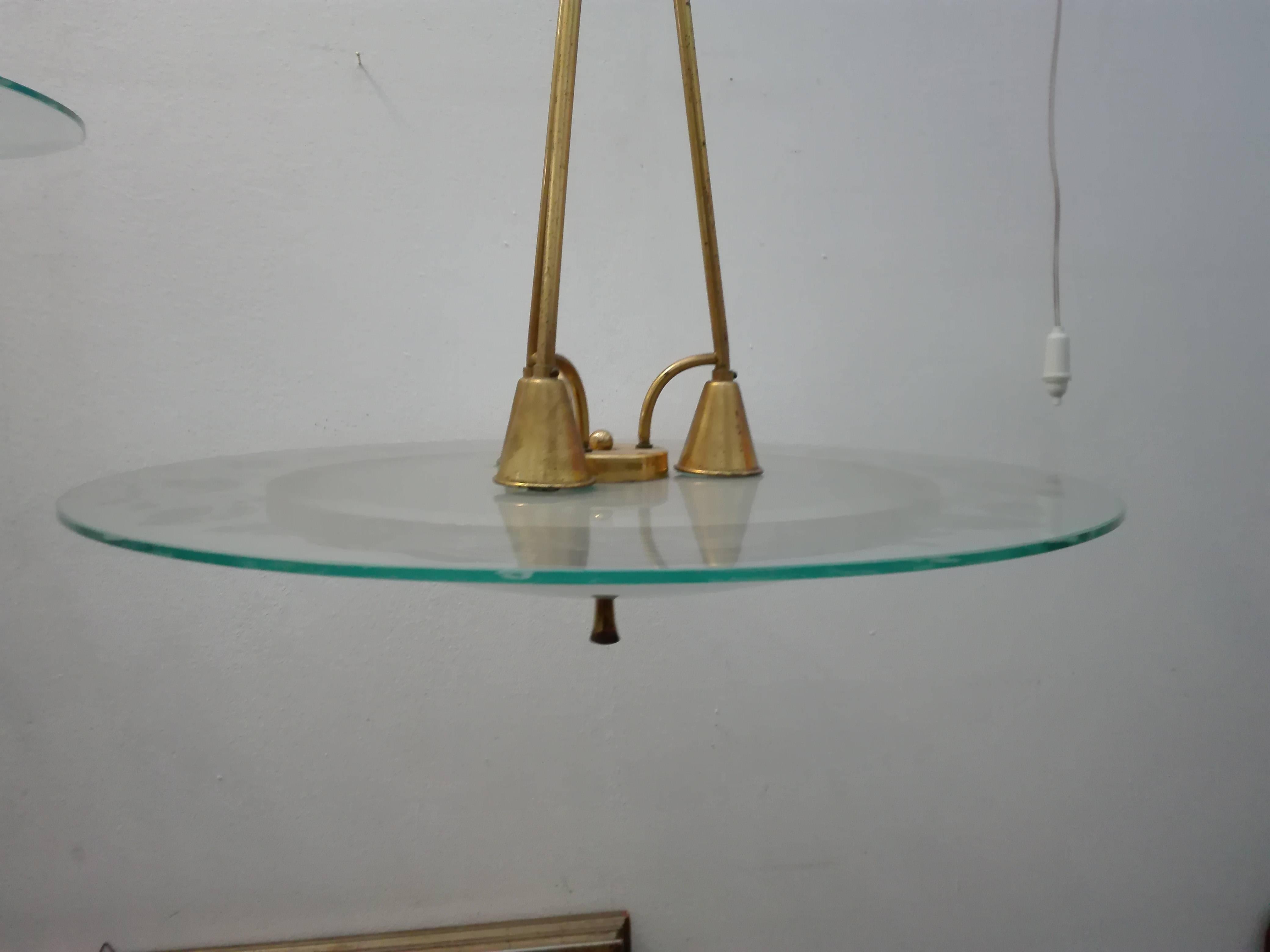 Hand-Crafted Fontana Arte, Pietro Chiesa, Couple Brass Glass Chandeliers For Sale