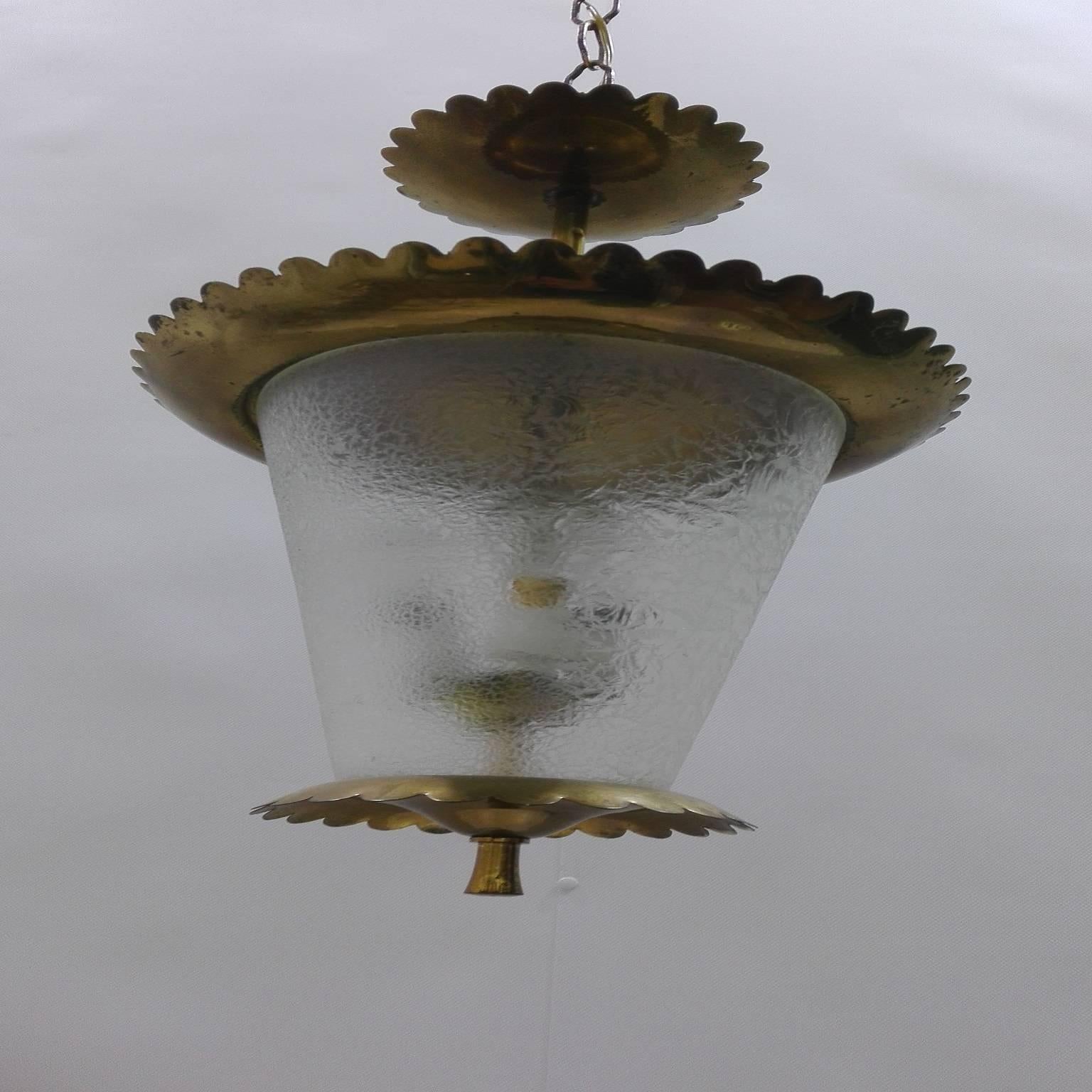 Chic Italian glass lantern / fixture by Pietro Chiesa and attributed to Fontana Arte in a glass White with bronze frame and details. The piece can be modified to flush mount, if desired.
 
