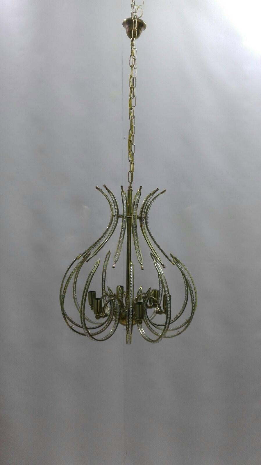 Pair of Brass and Crystal Chandeliers from the Ceiling, 20th Century For Sale 4