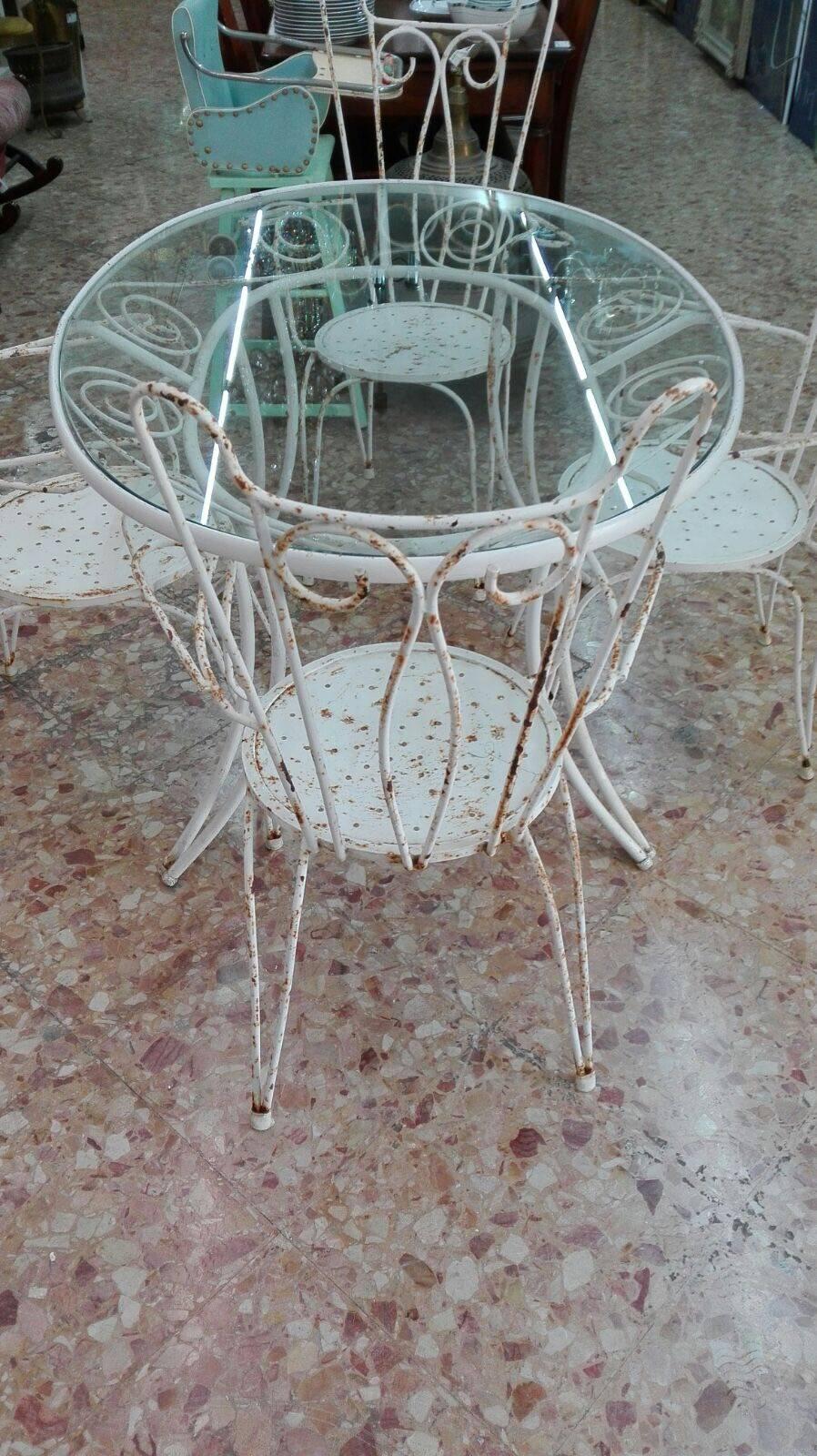 20th Century Art Deco, Table and Six Garden Chairs, Iron, French Style