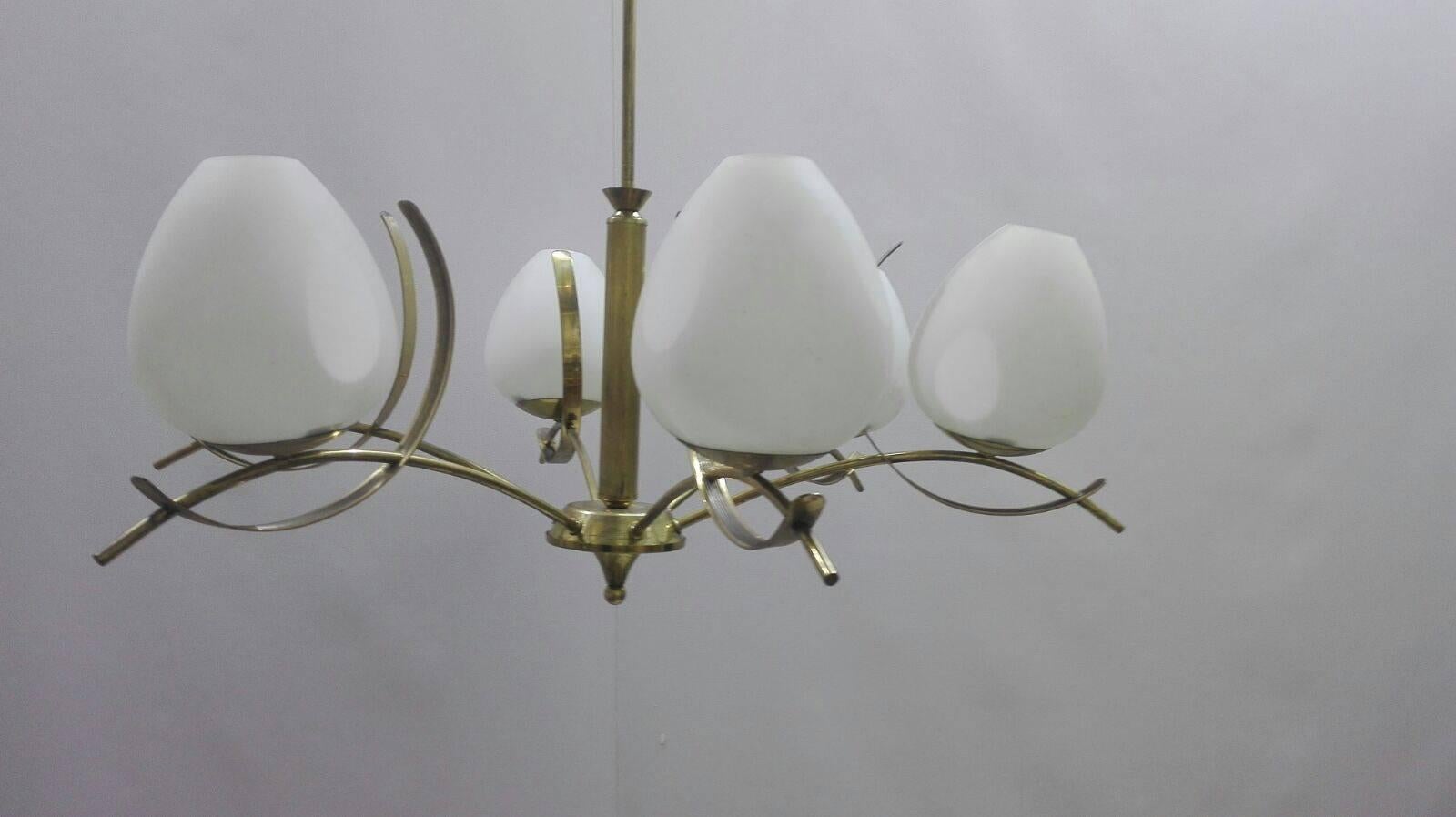 Mid-Century Modern Six-color brass chandelier from the seventies of Stilnovo, 1970s, Italy