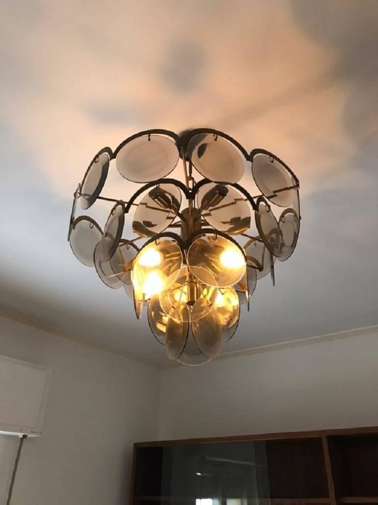 Hand-Crafted Chandelier at five levels in chromed metal and smoke glass, Italy, 1970s For Sale