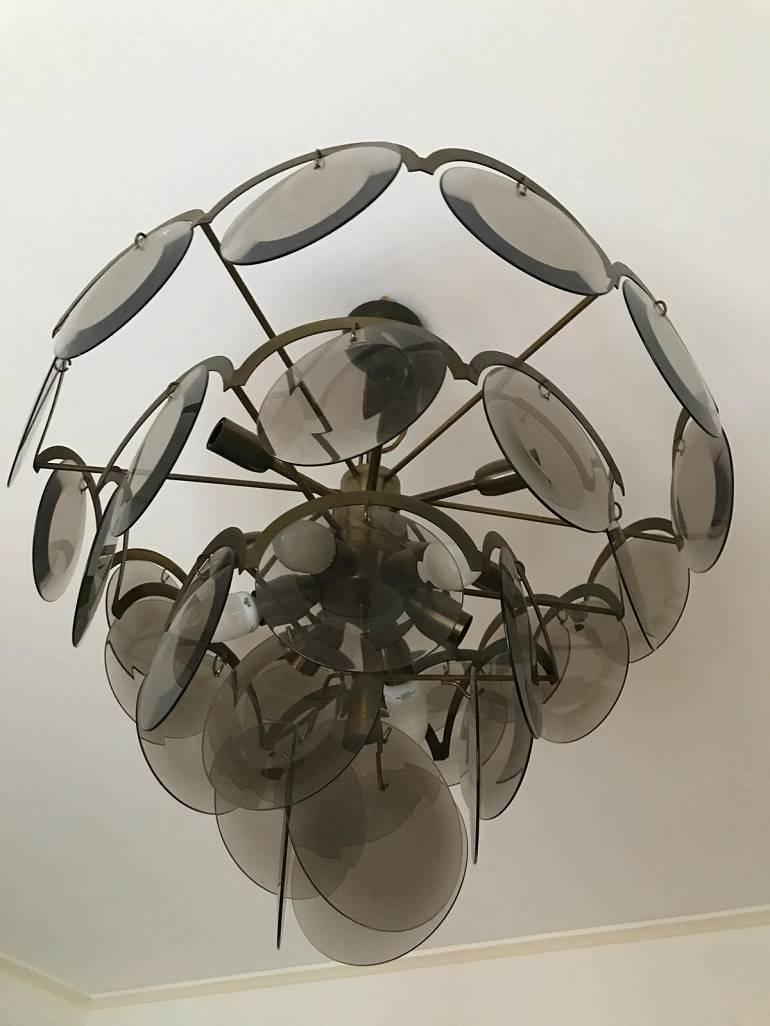 Italian Chandelier at five levels in chromed metal and smoke glass, Italy, 1970s For Sale