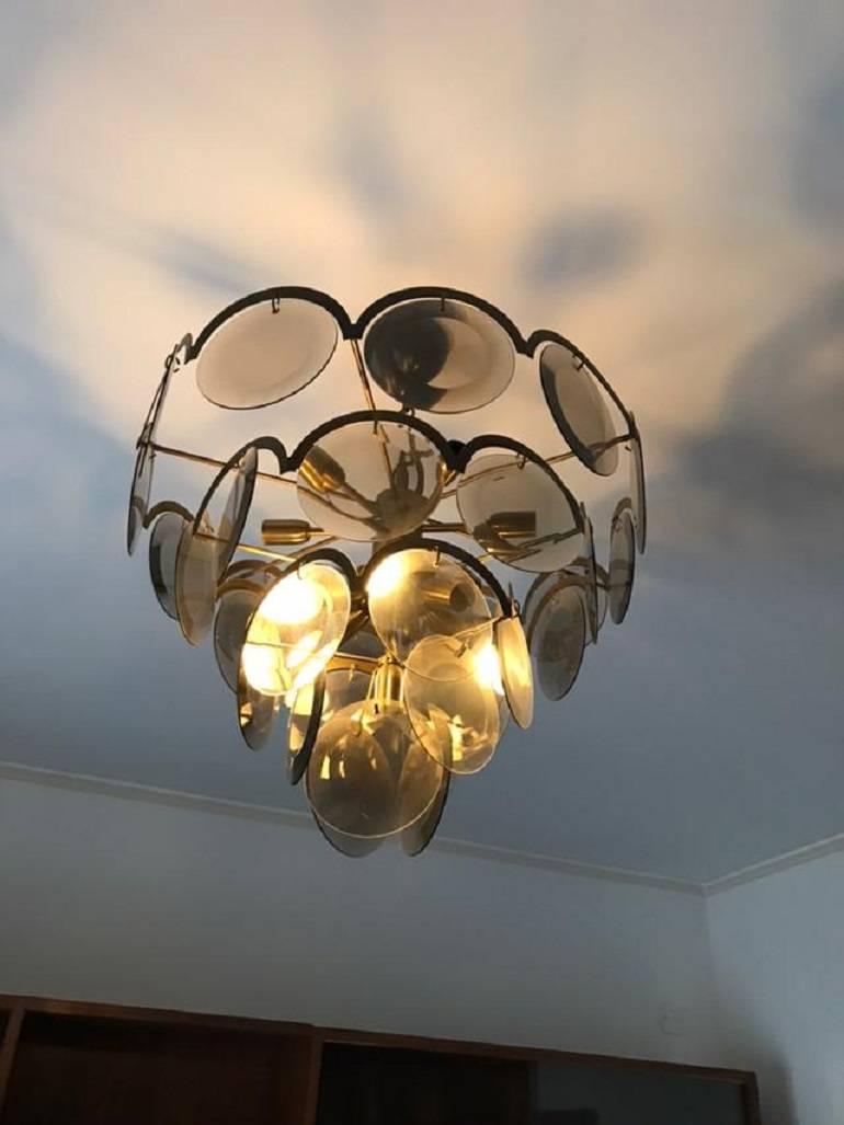 Brass Chandelier at five levels in chromed metal and smoke glass, Italy, 1970s For Sale