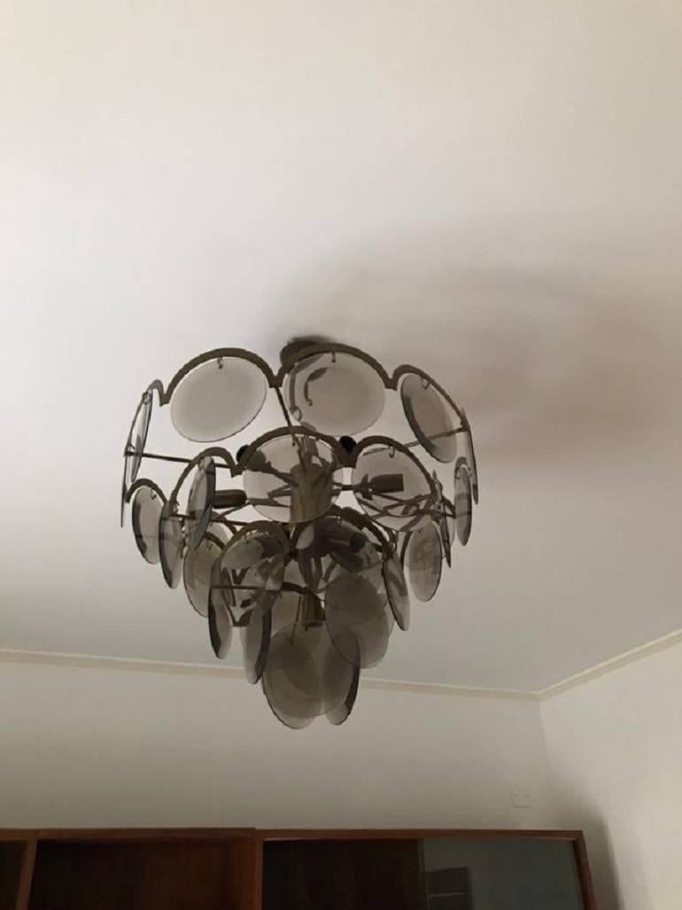 Chandelier at five levels in chromed metal and smoke glass, Italy, 1970s For Sale 1