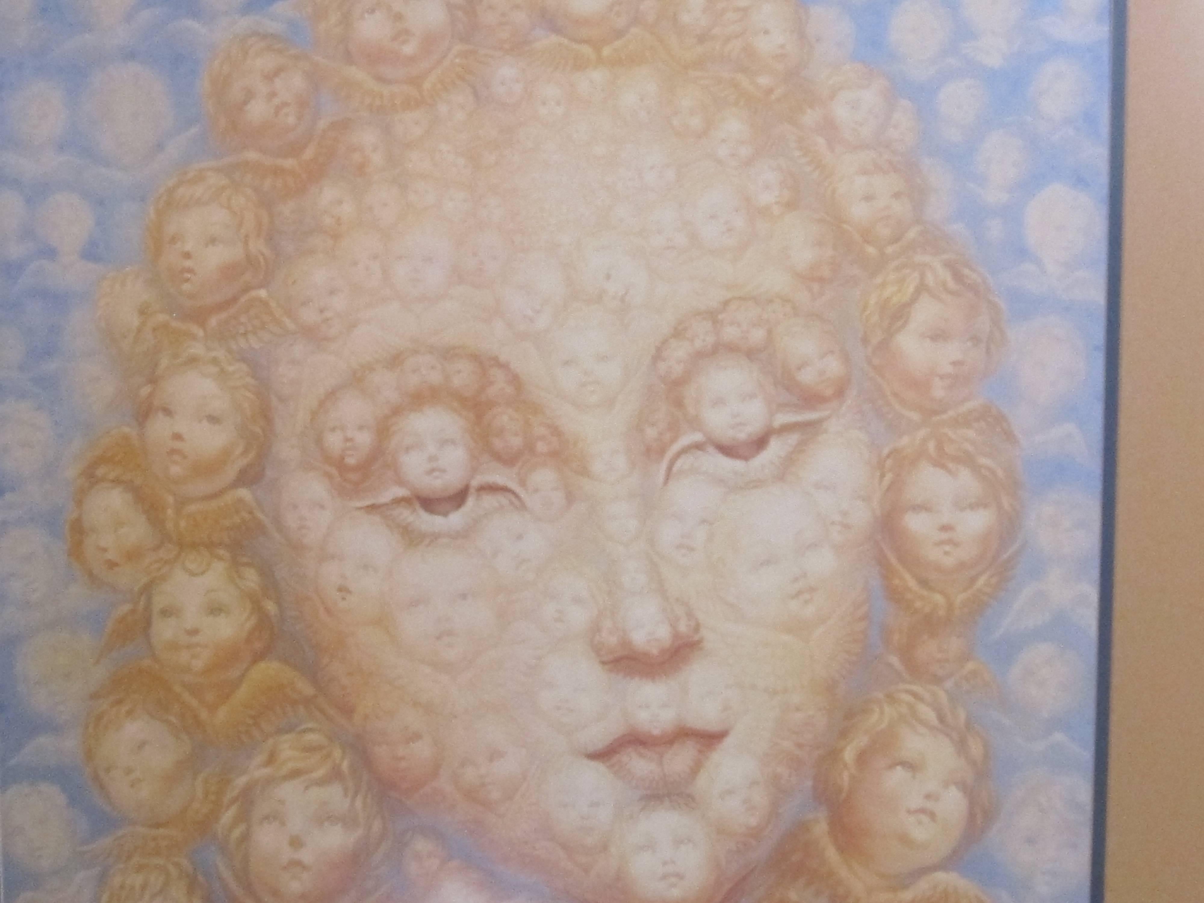 This is a print of a classical female face made up of angels and surrounded by angel faces with wings. It is by Mexican artist Octavio Ocampo. It is double matted with a gold tone wooden frame and non-glare glass. It measures 43