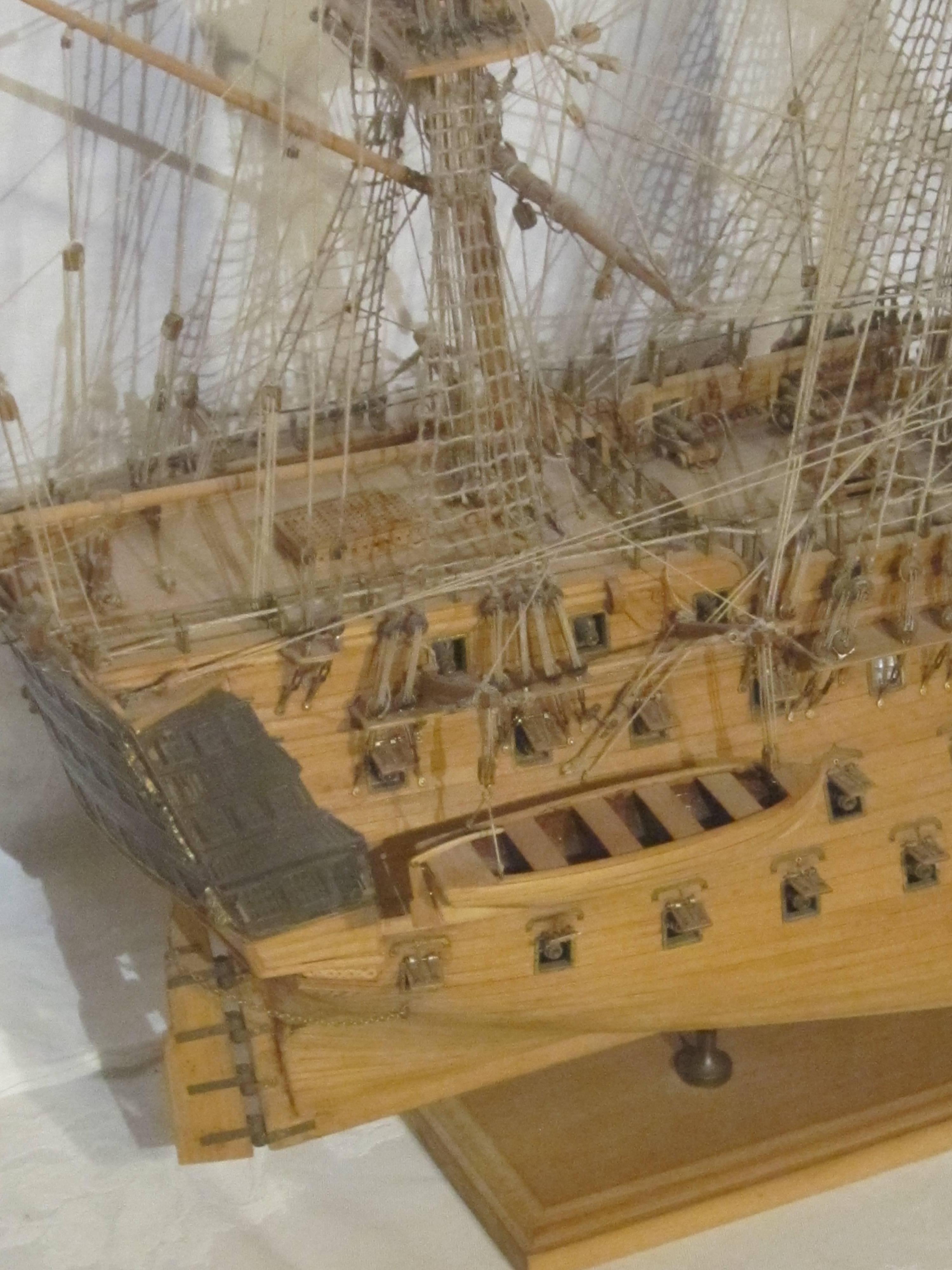 This piece was assembled by Abilene, Texas native Frank A. Bolen. Mr. Bolen spent two and a half years working on the project. The rigging was hand tied with tweezers, and the ribs on the hull were cut meticulously with a razor tool and laid side by