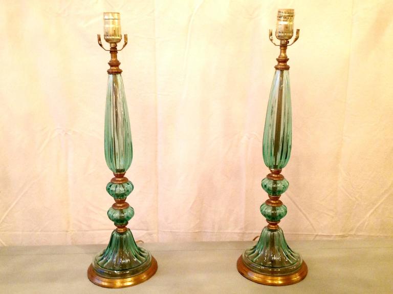 Pair of Vintage Green Glass Lamps For Sale at 1stDibs