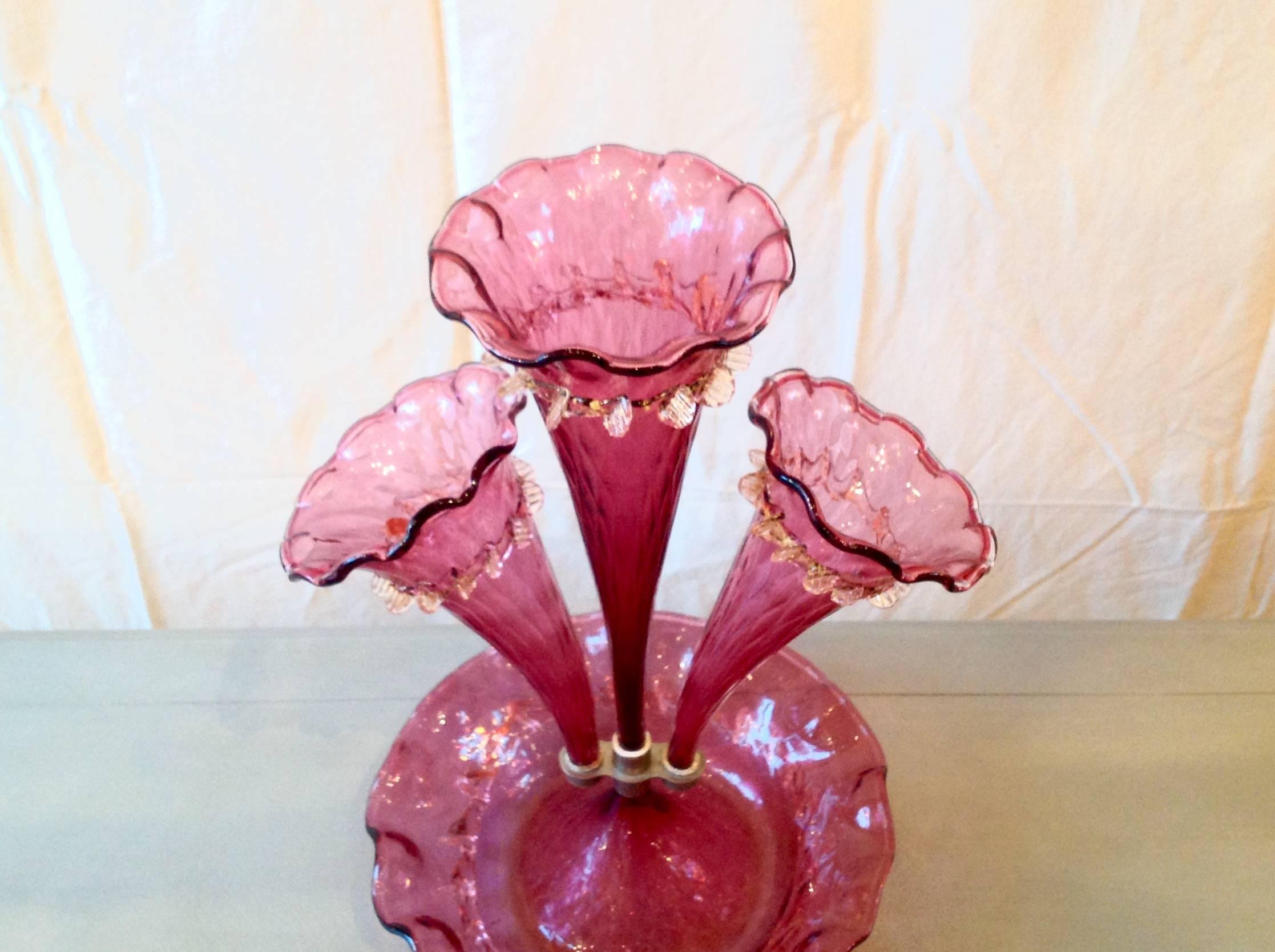Victorian Antique Cranberry Italian Murano Glass Epergne For Sale