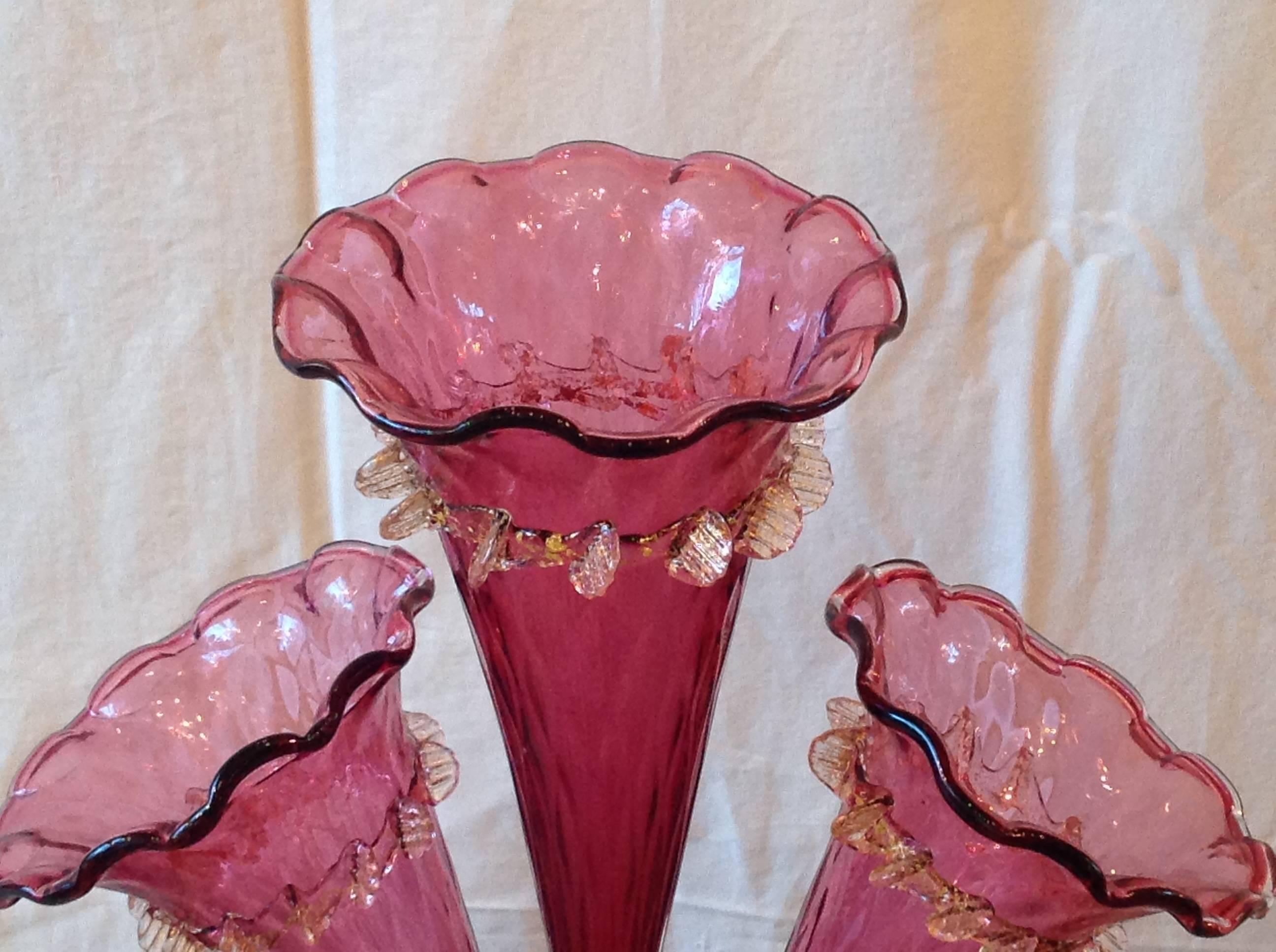 20th Century Antique Cranberry Italian Murano Glass Epergne For Sale