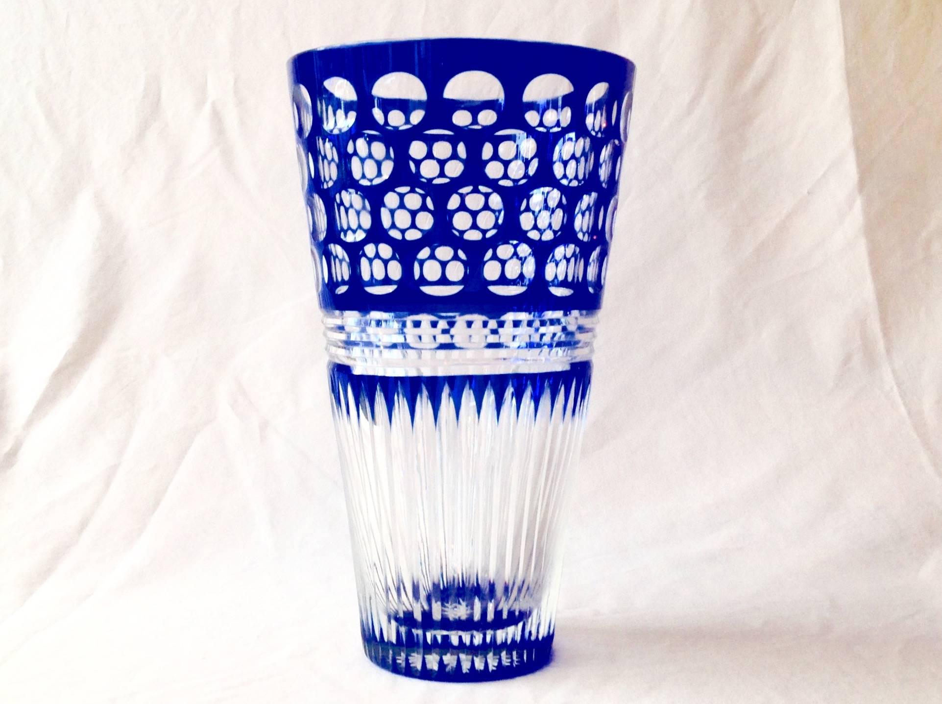 Bohemian Czechoslovakian cut crystal cobalt and clear vase.