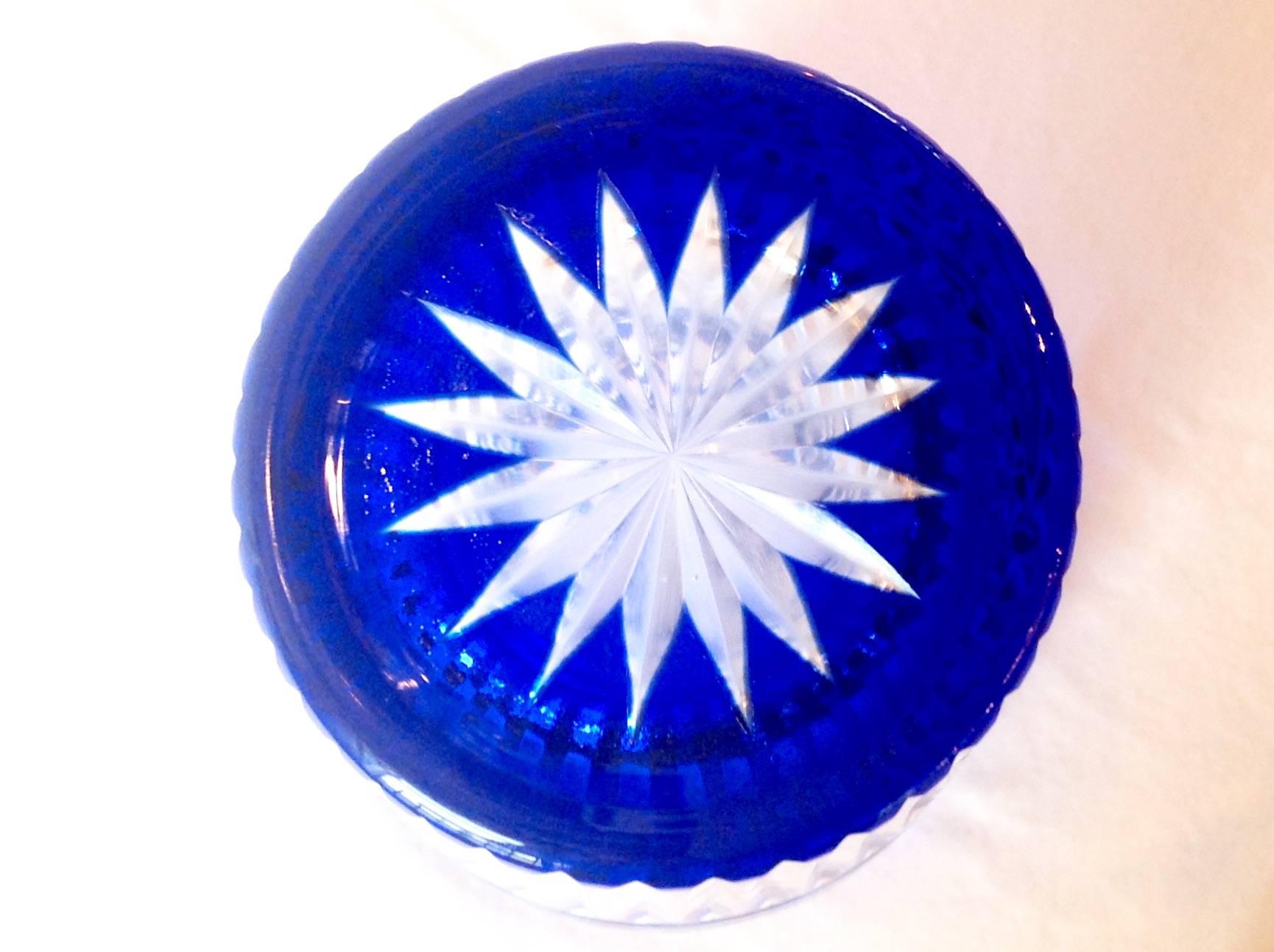 Bohemian Czechoslovakian Cut Crystal Cobalt and Clear Vase For Sale 4
