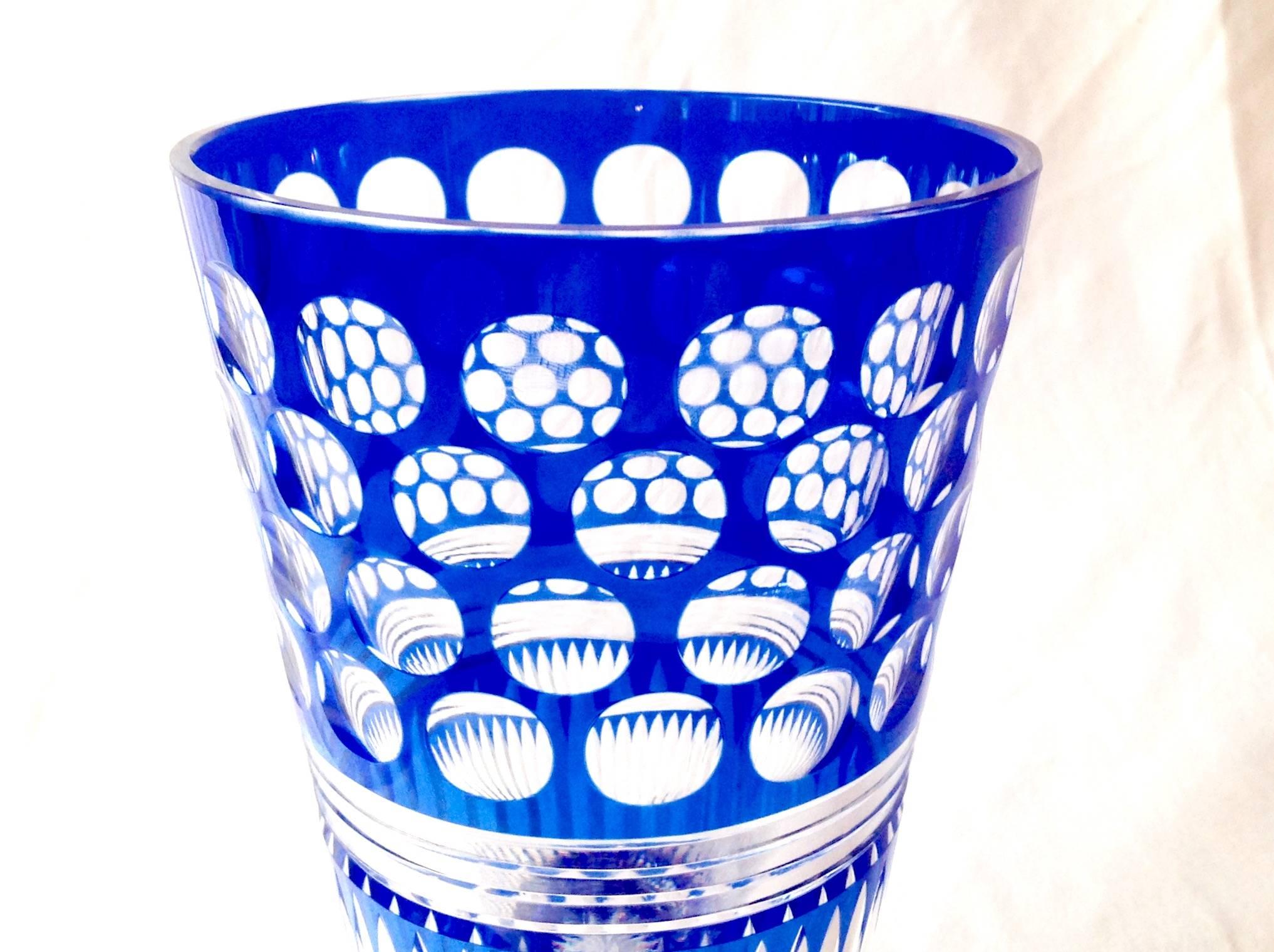 20th Century Bohemian Czechoslovakian Cut Crystal Cobalt and Clear Vase For Sale