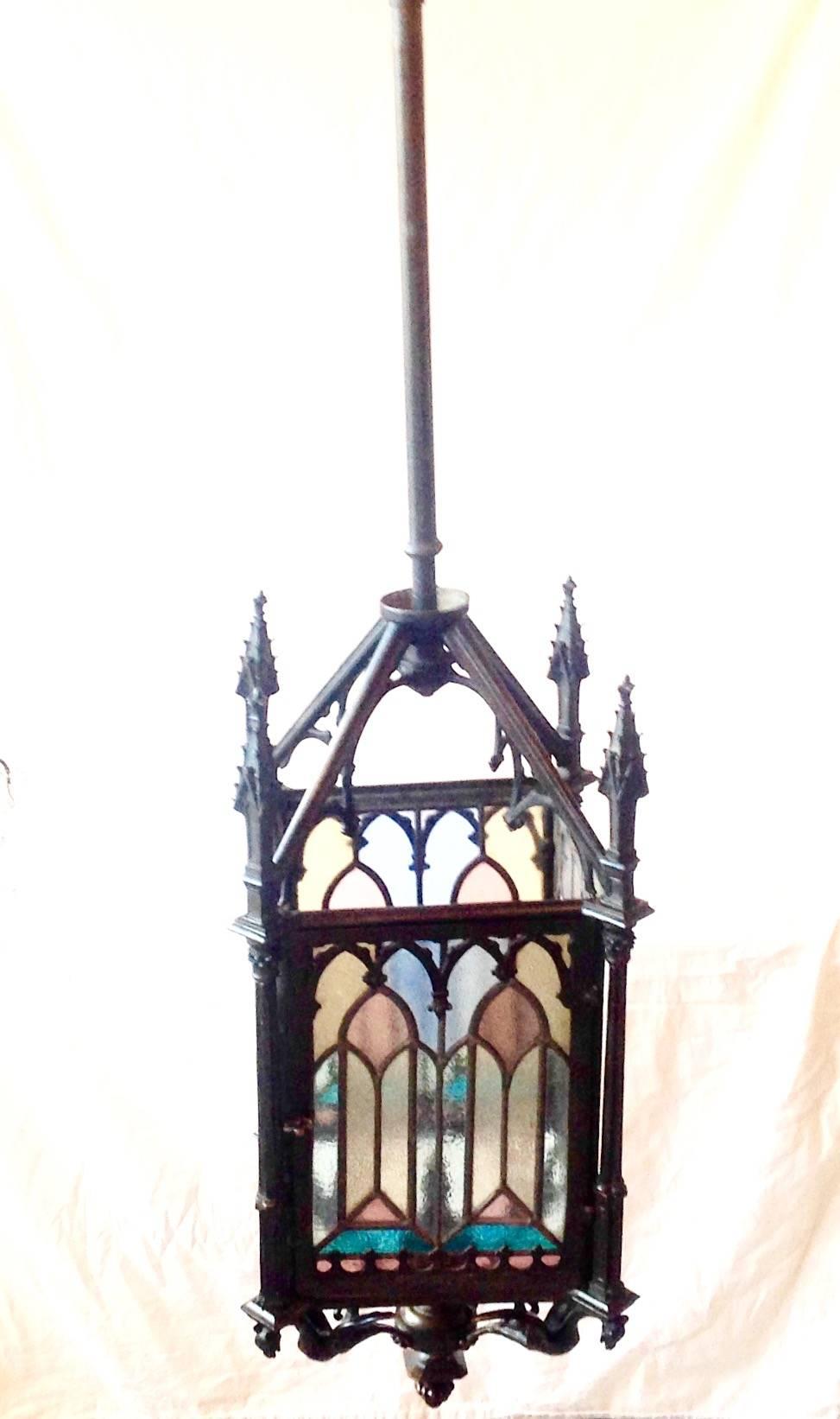 Patinated Beautiful Antique French Bronze and Stained Glass Gas Gothic Lantern