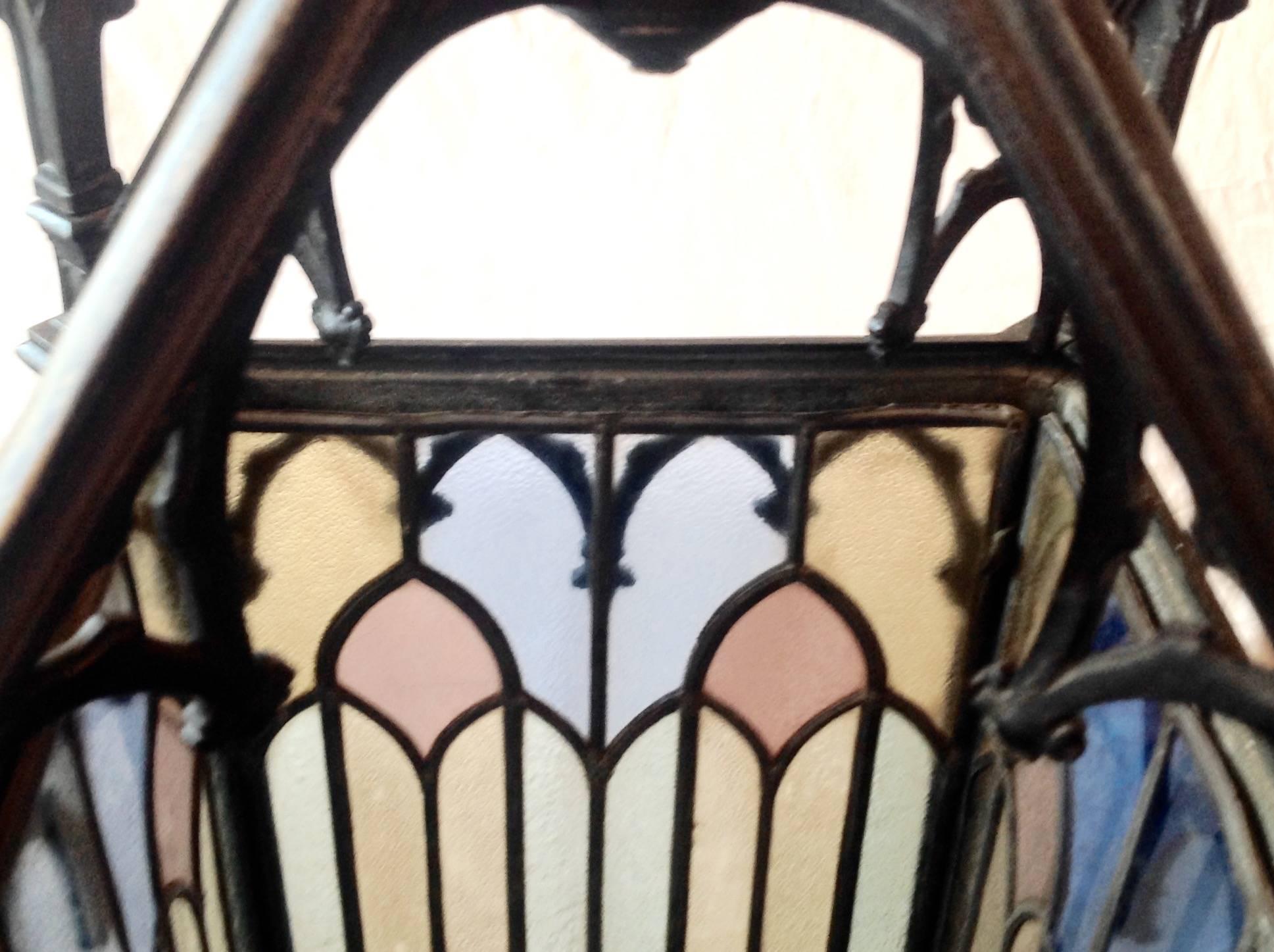 Beautiful Antique French Bronze and Stained Glass Gas Gothic Lantern 1