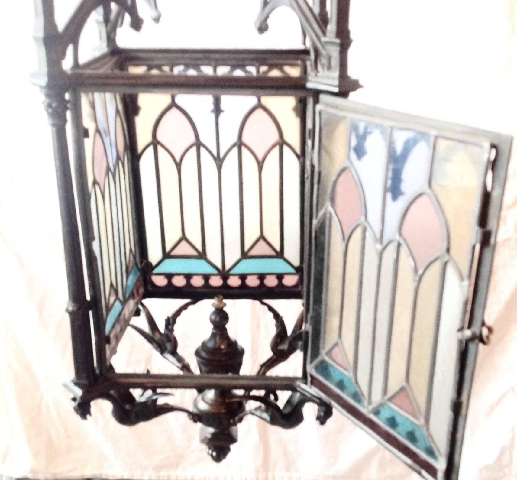 Late 19th Century Beautiful Antique French Bronze and Stained Glass Gas Gothic Lantern