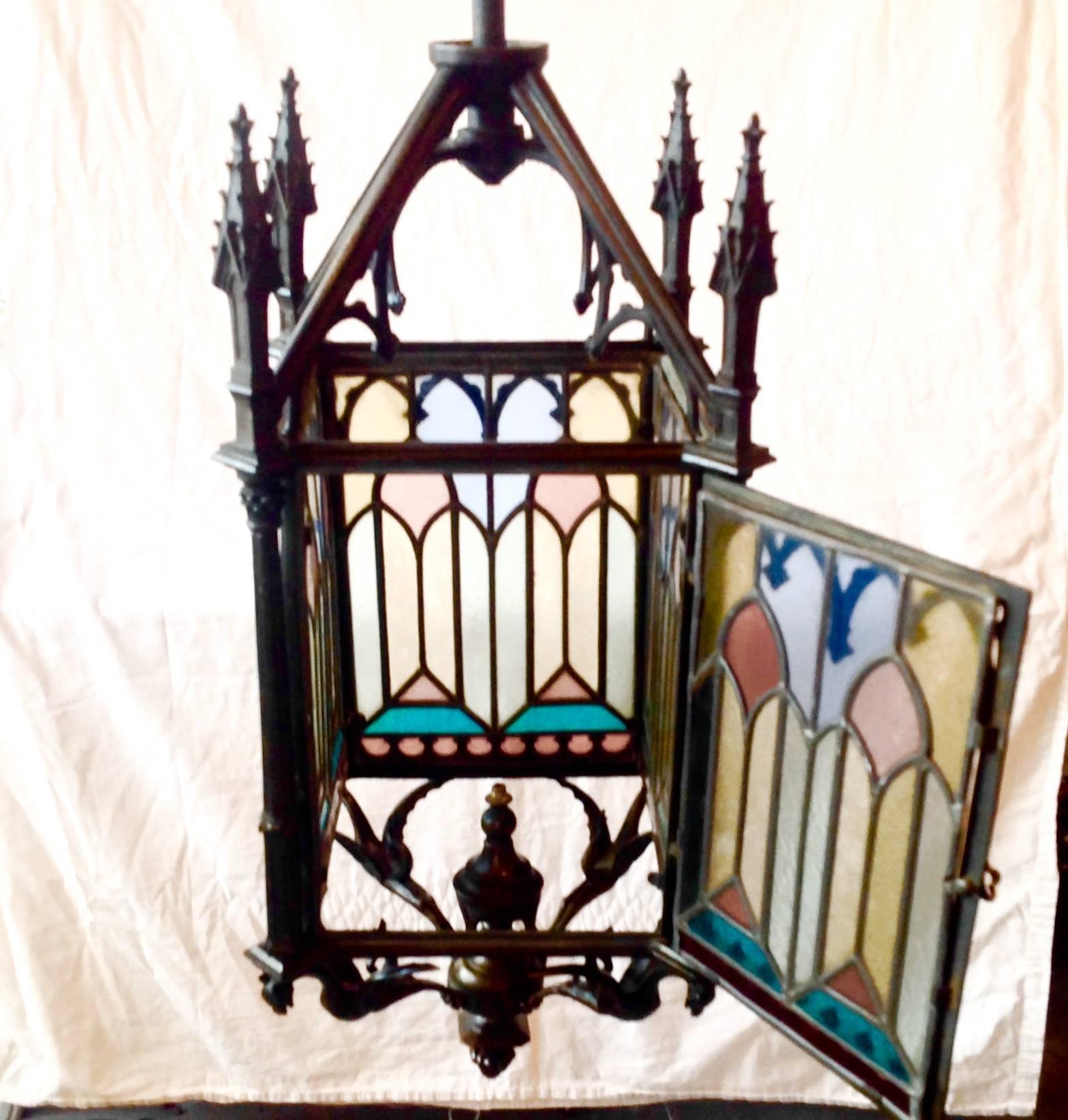 Beautiful Antique French Bronze and Stained Glass Gas Gothic Lantern In Excellent Condition In Mobile, AL