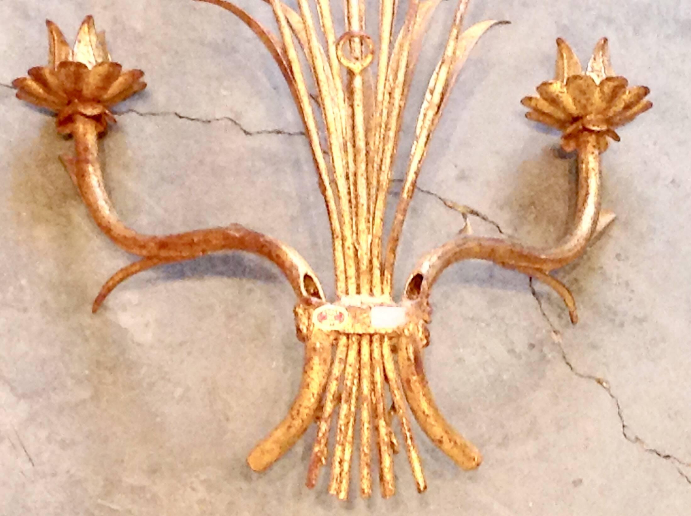 Pair of Vintage Italian Tole Wheat Sconces For Sale 2