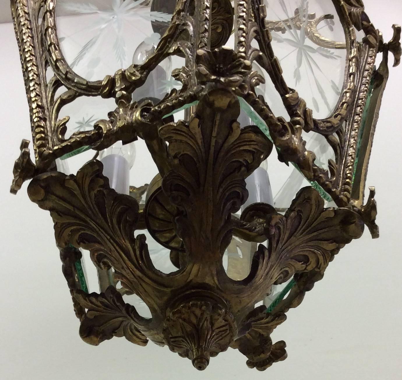 1950s, Etched Glass Ornate Brass Lantern For Sale 2