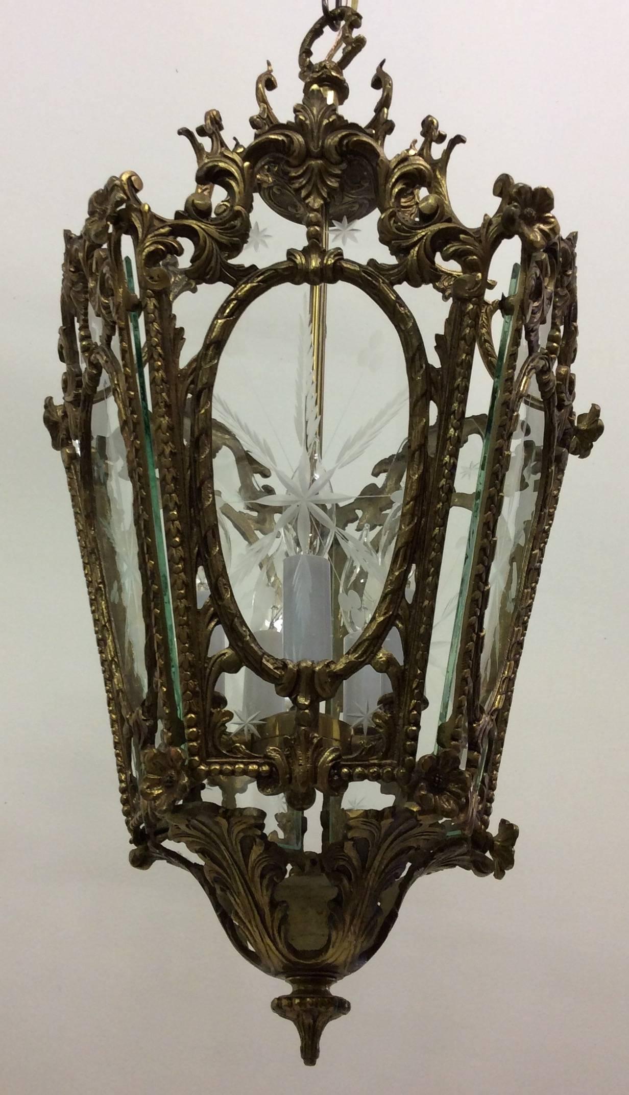 Regency 1950s, Etched Glass Ornate Brass Lantern For Sale