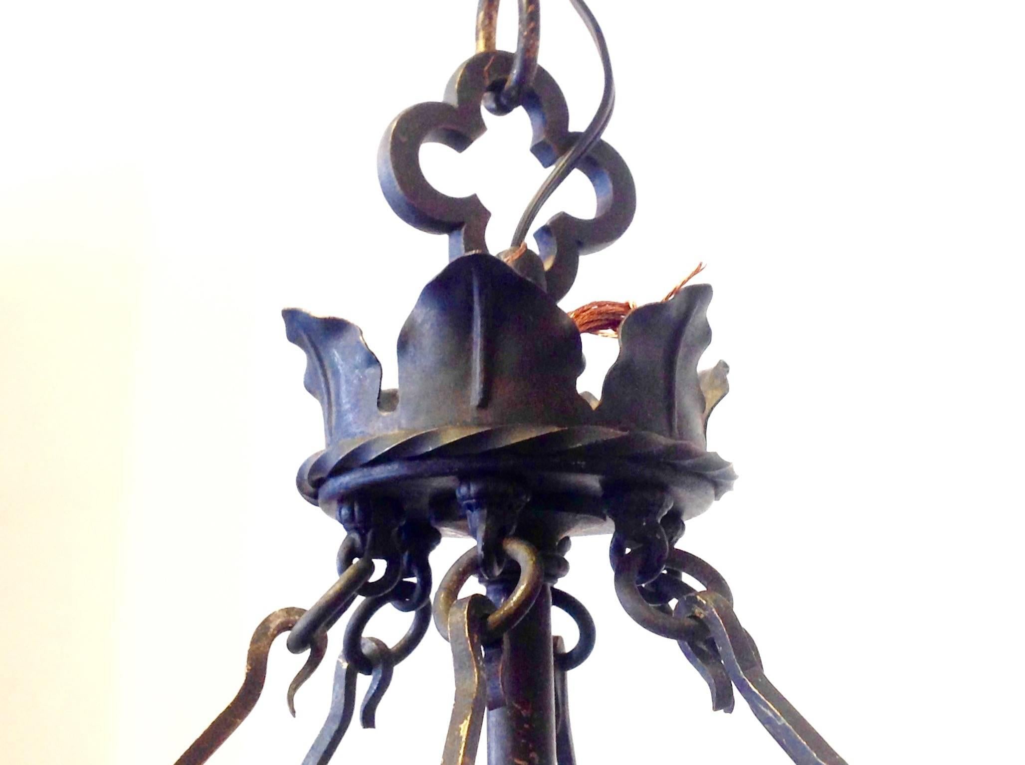 Antique Six-Light Iron Lantern with Frosted Glass In Excellent Condition For Sale In Mobile, AL