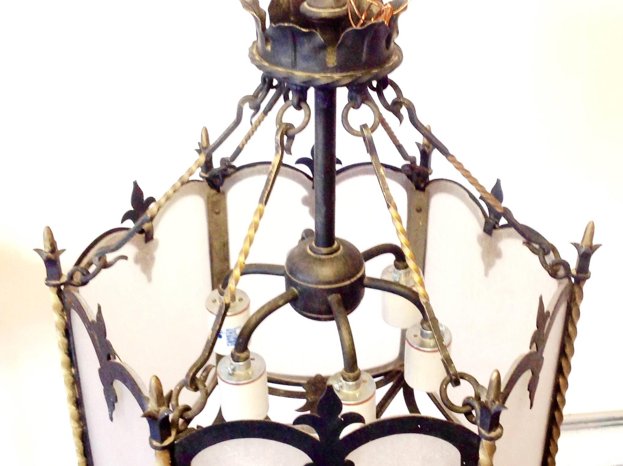 Gothic Revival Antique Six-Light Iron Lantern with Frosted Glass For Sale