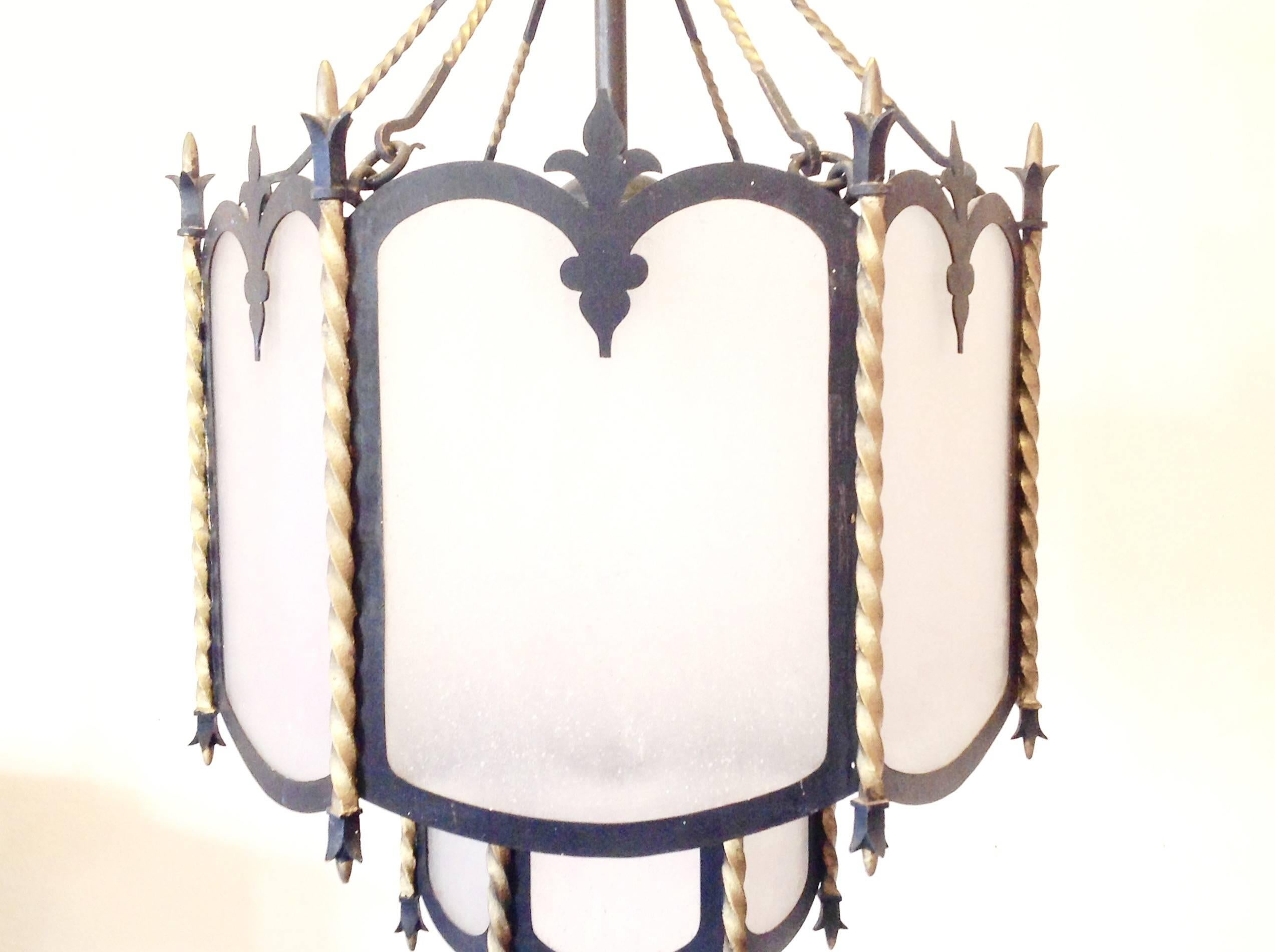 Antique six-light iron lantern with frosted glass with quatrefoil design. Can be indoor or out door. Has been fully restored and wired to UL standards.