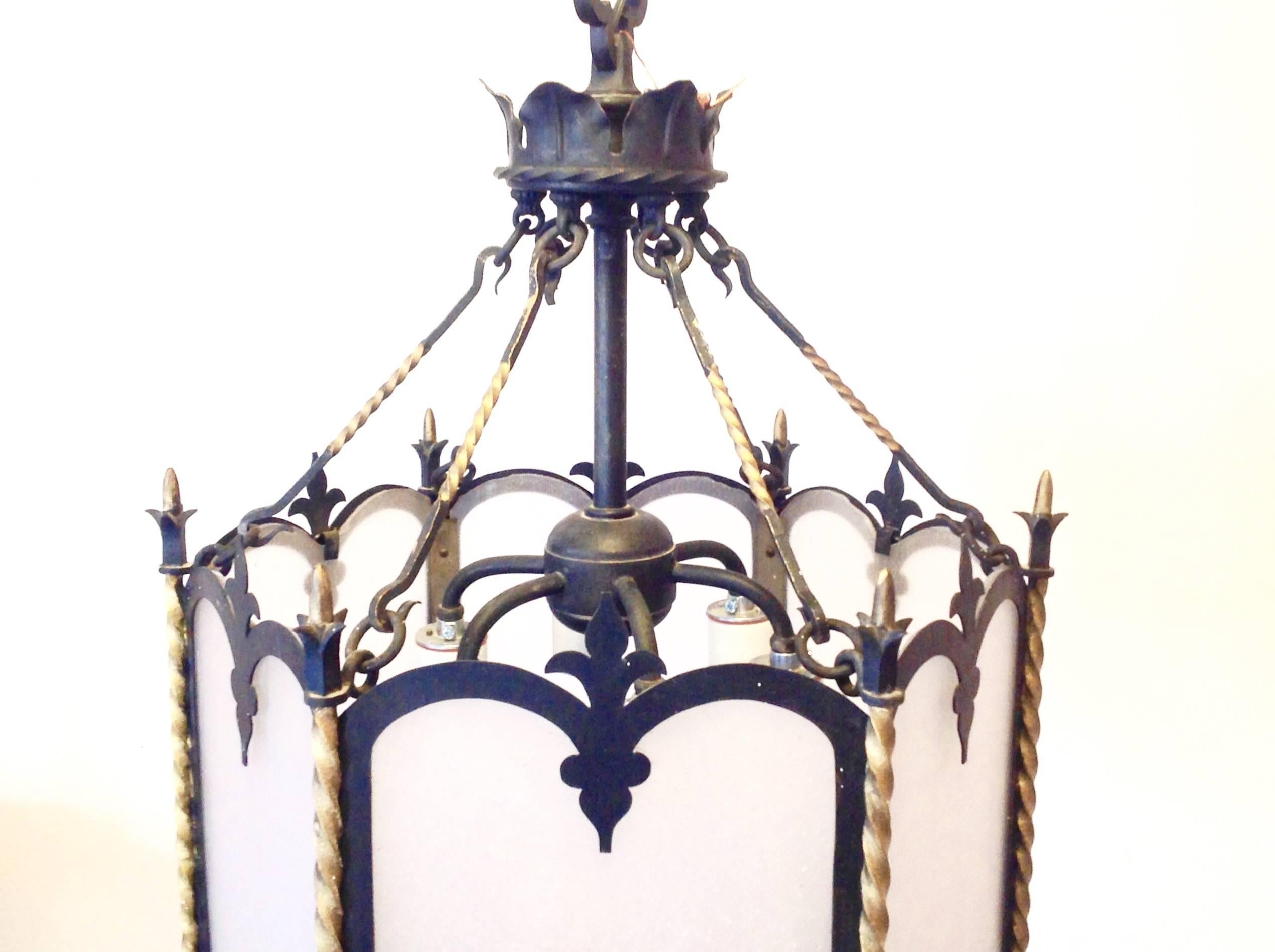 Antique Six-Light Iron Lantern with Frosted Glass For Sale 1