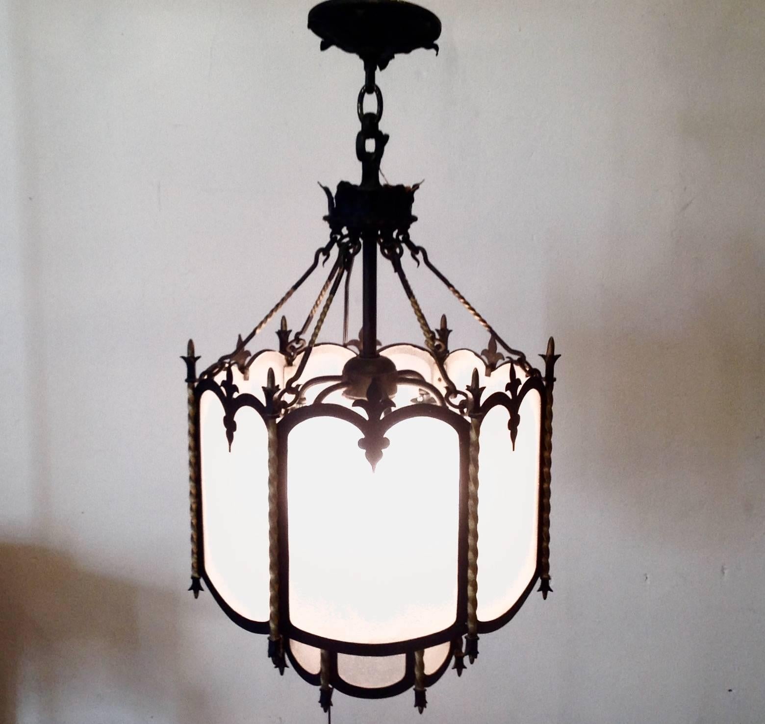 Antique Six-Light Iron Lantern with Frosted Glass For Sale 3