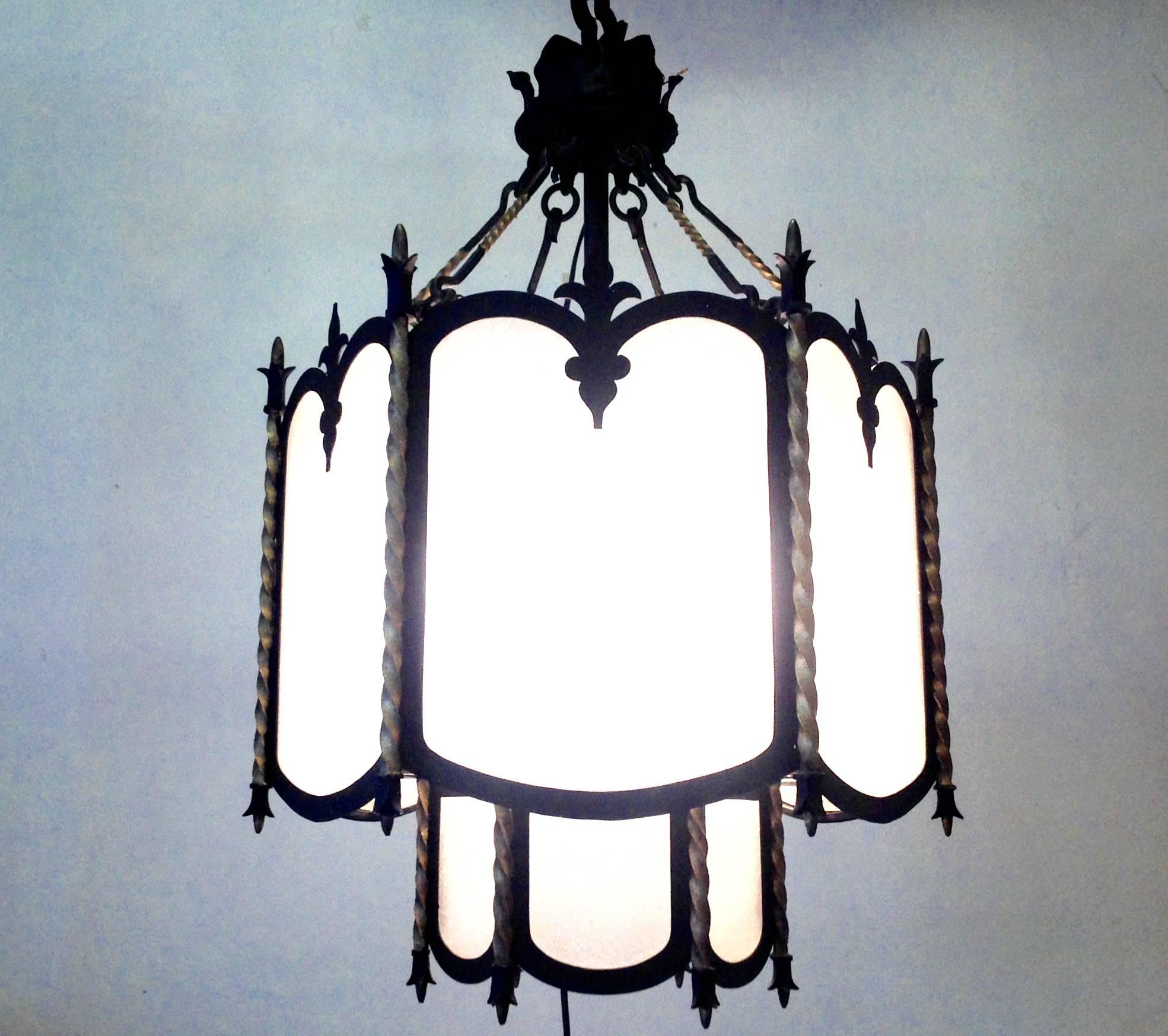 Antique Six-Light Iron Lantern with Frosted Glass For Sale 4