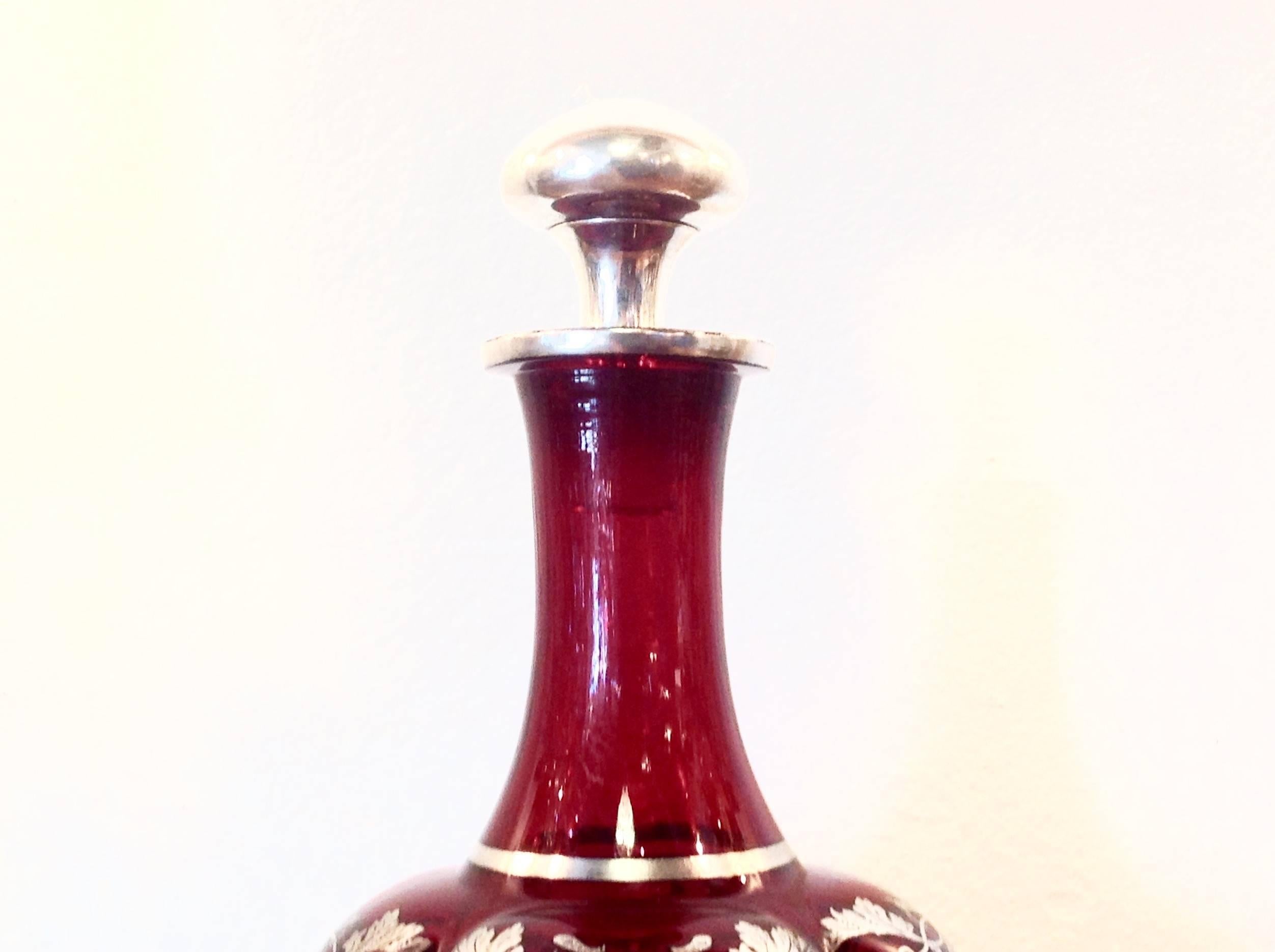 Sterling Silver Art Nouveau Ruby Crystal Decanter with Silver Overlay For Sale