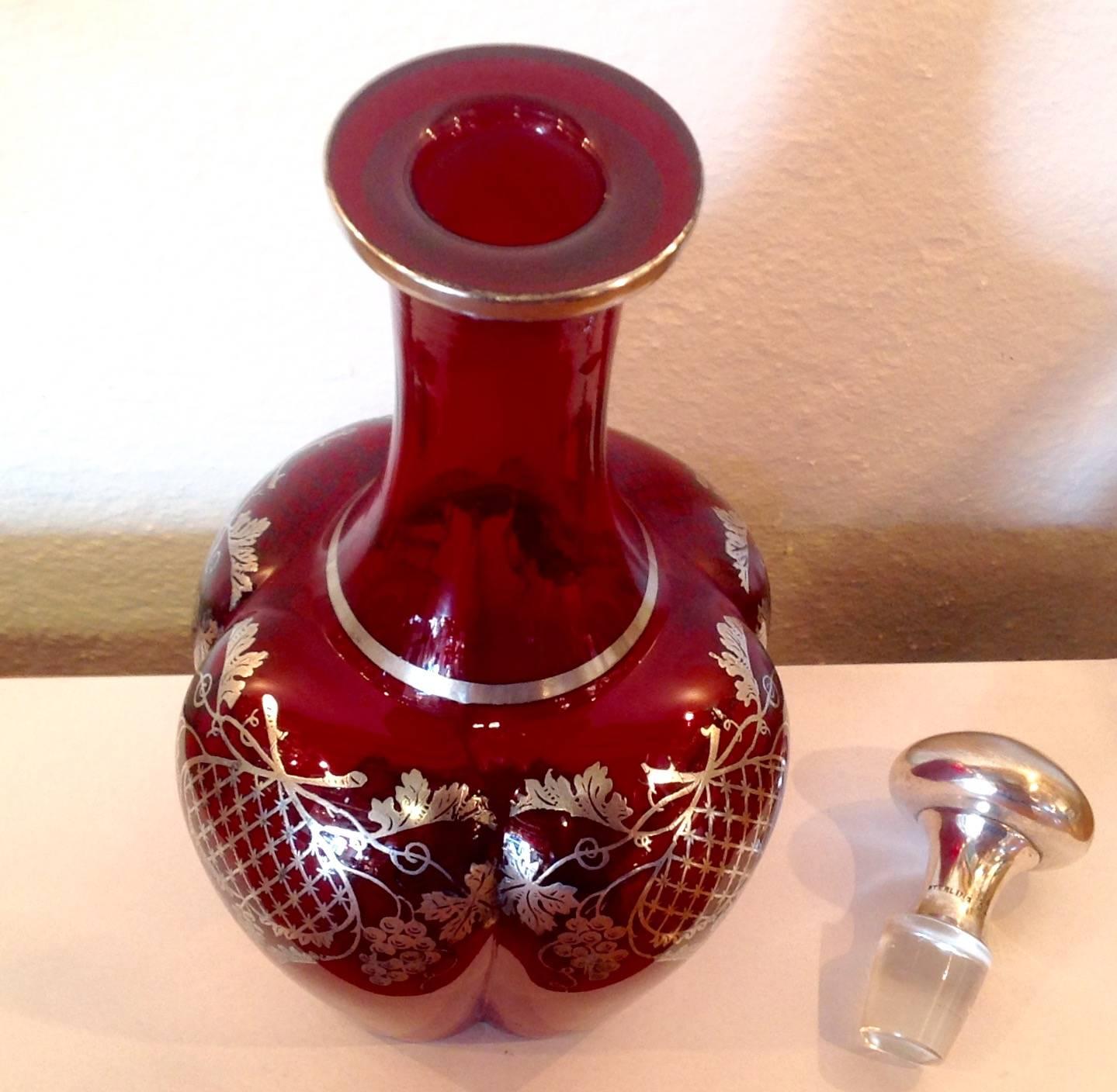 Early 20th Century Art Nouveau Ruby Crystal Decanter with Silver Overlay For Sale