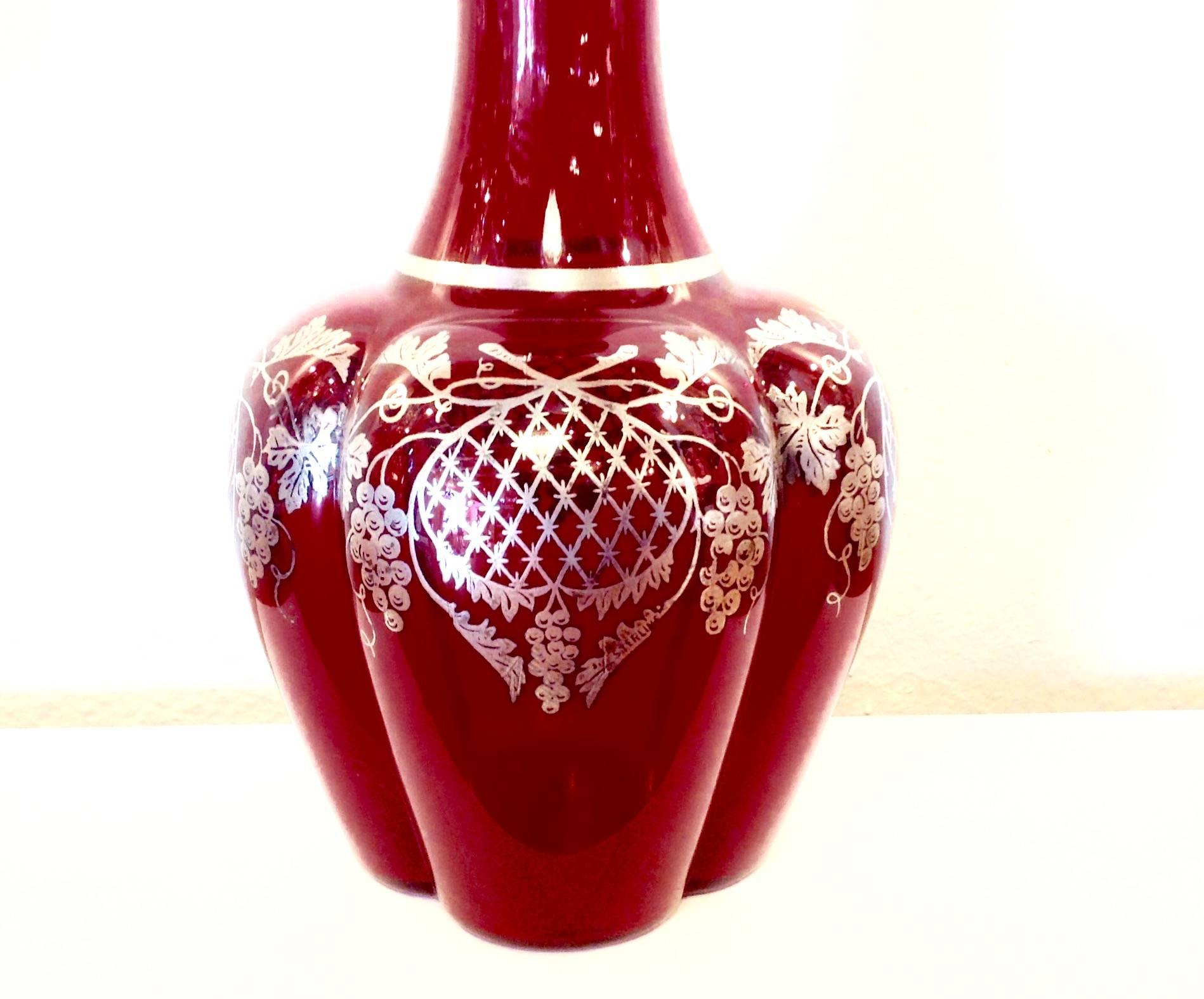 Czech Art Nouveau Ruby Crystal Decanter with Silver Overlay For Sale