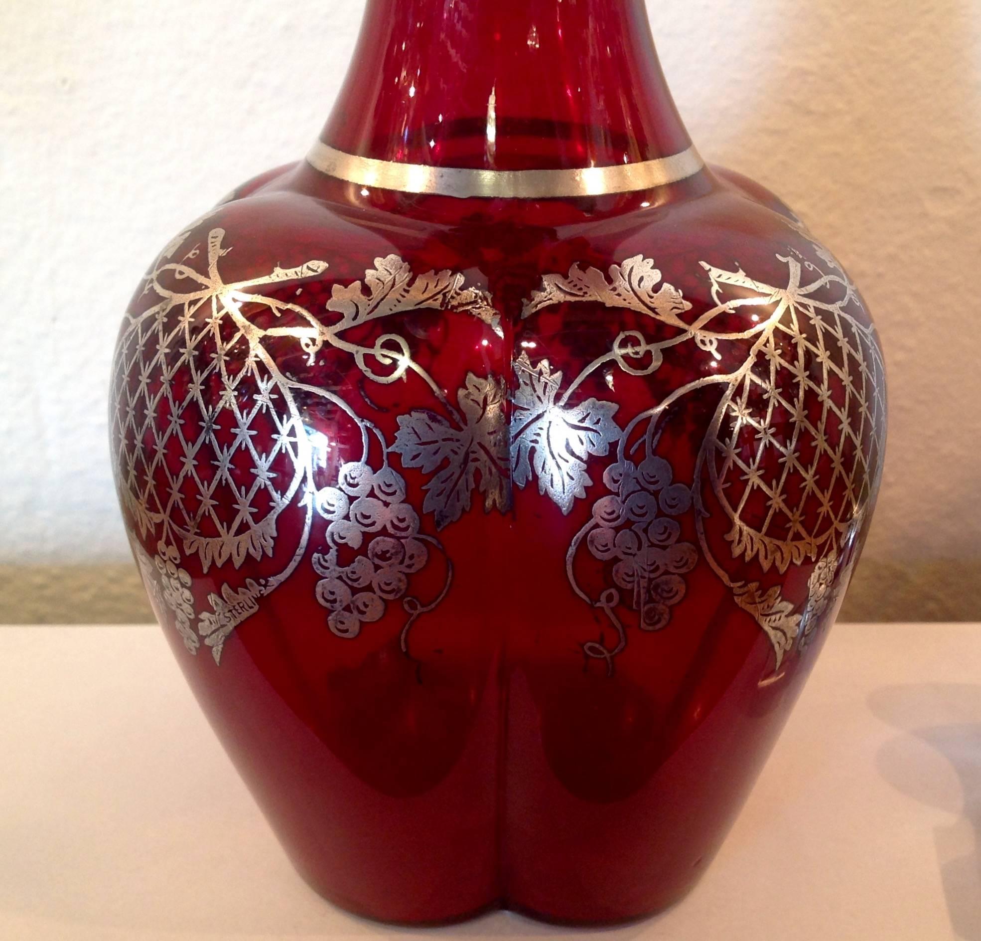 Art Nouveau Ruby Crystal Decanter with Silver Overlay In Excellent Condition For Sale In Mobile, AL