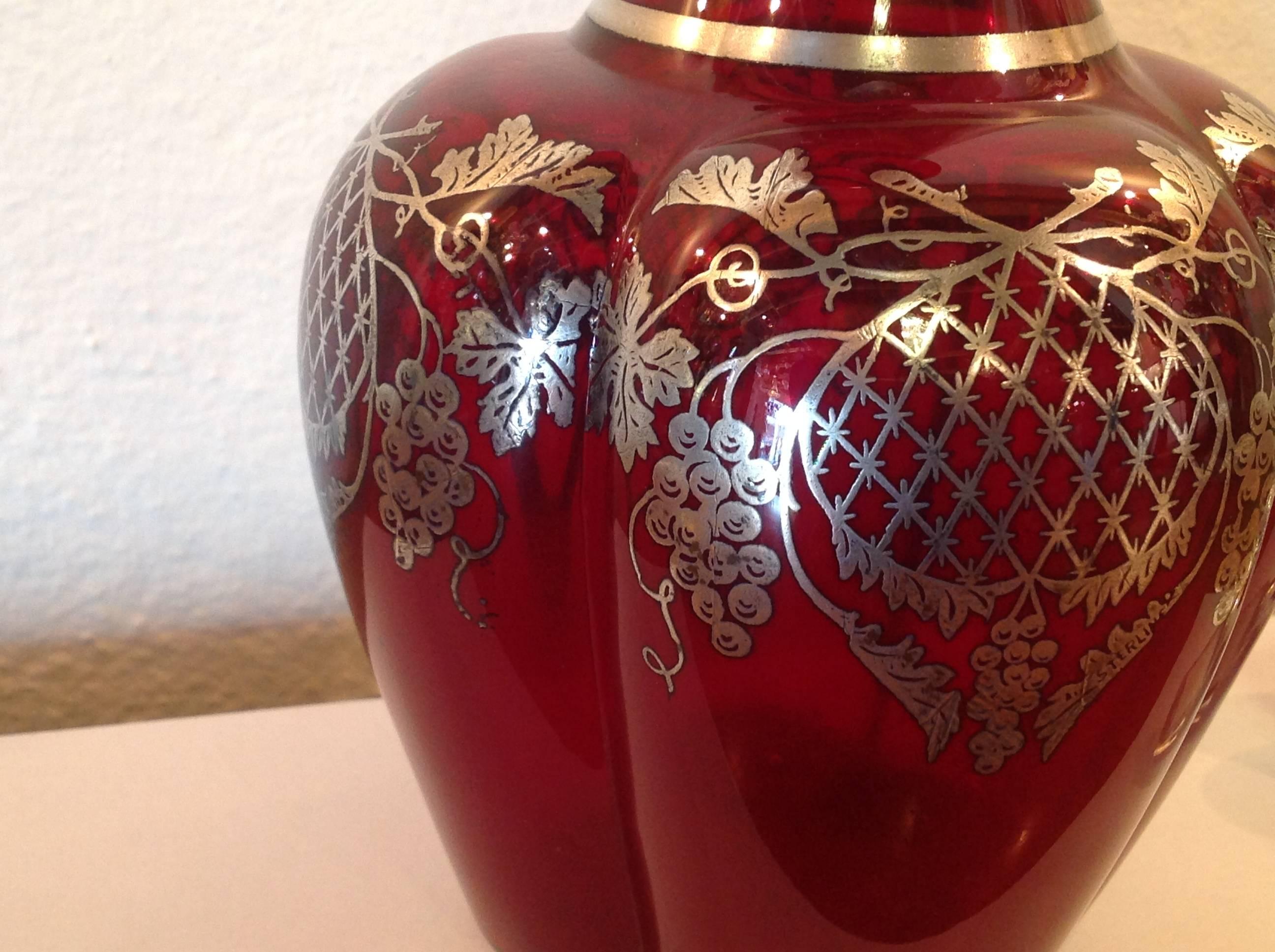 Art Nouveau Ruby Crystal Decanter with Silver Overlay For Sale 2