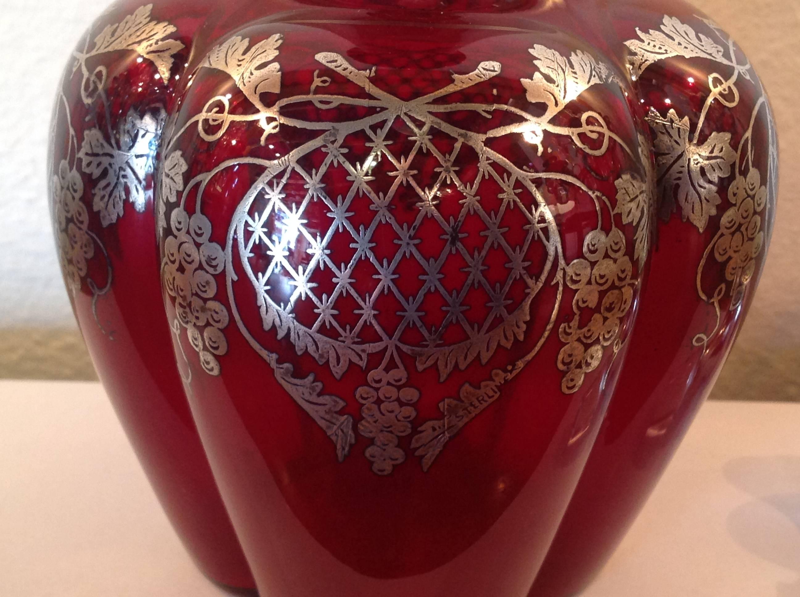 Art Nouveau Ruby Crystal Decanter with Silver Overlay For Sale 3