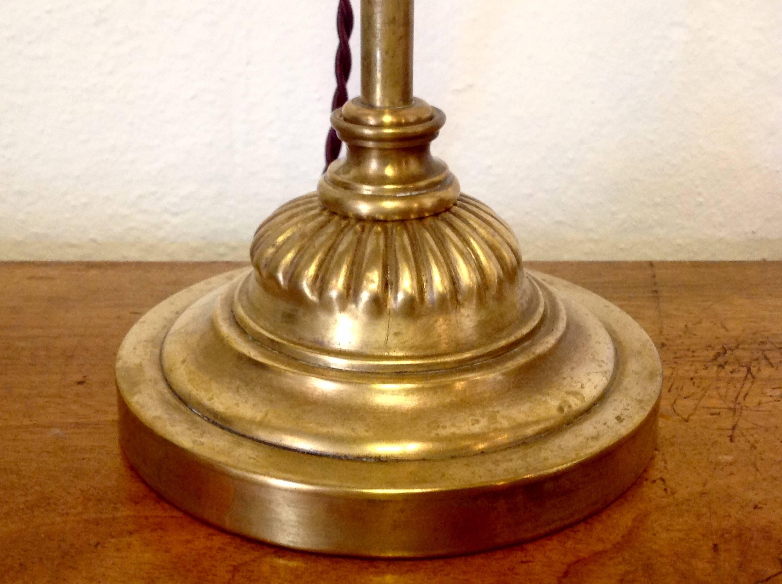 Antique Adjustable Brass Desk Lamp with Lustre Art Glass Shade In Excellent Condition For Sale In Mobile, AL