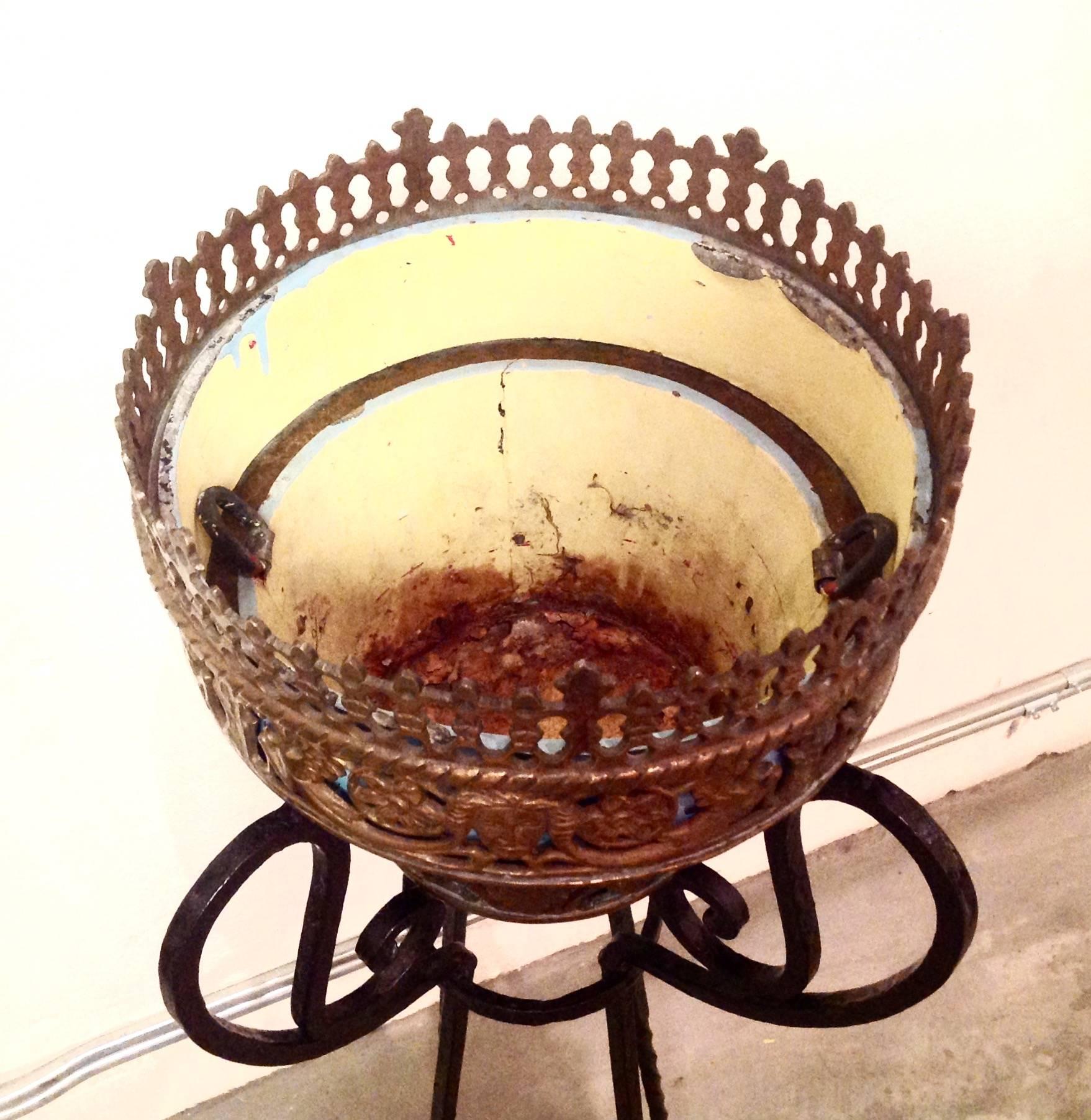 German Rare Oscar Bach Wrought Iron and Bronze Standing Planter For Sale