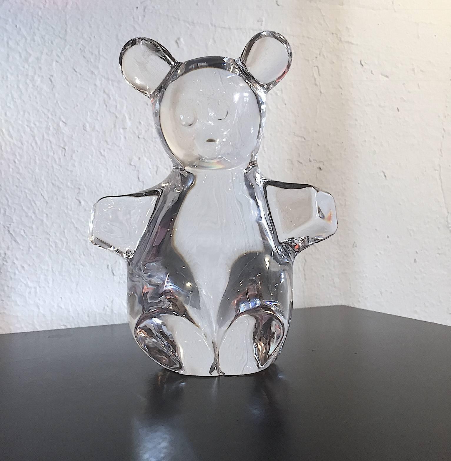 Crystal glass teddy bear figurine signed, Daum, France, 7 inches tall, signed 
