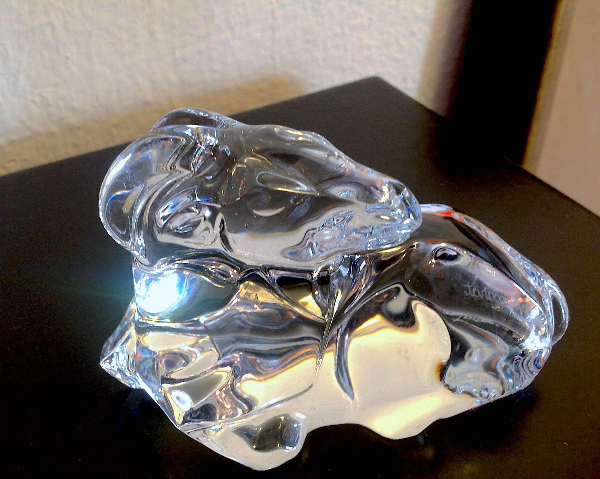 Baccarat crystal ram figurine, acid etched Baccarat signature on side and stamp on bottom. Measures: 2.5" high and 4.25" wide. Aaccessory to crystal nativity scene.