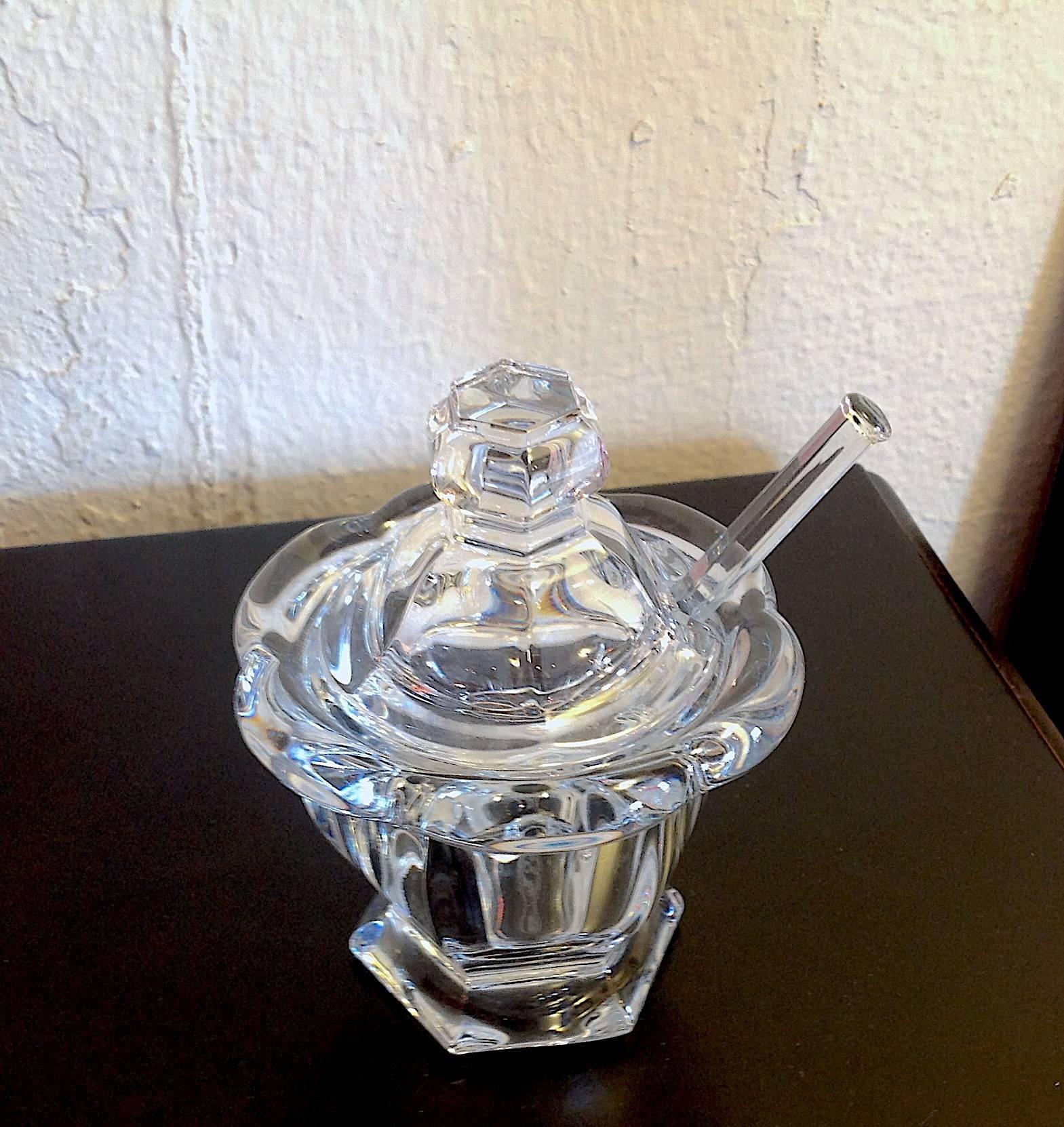 Vintage Baccarat crystal mustard/honey jar in Missouri Pattern from Harcourt Collection, with lid and slot for cut crystal spoon, circa 1930s, acid etched Baccarat stamp on bottom. Stands 4 1/2