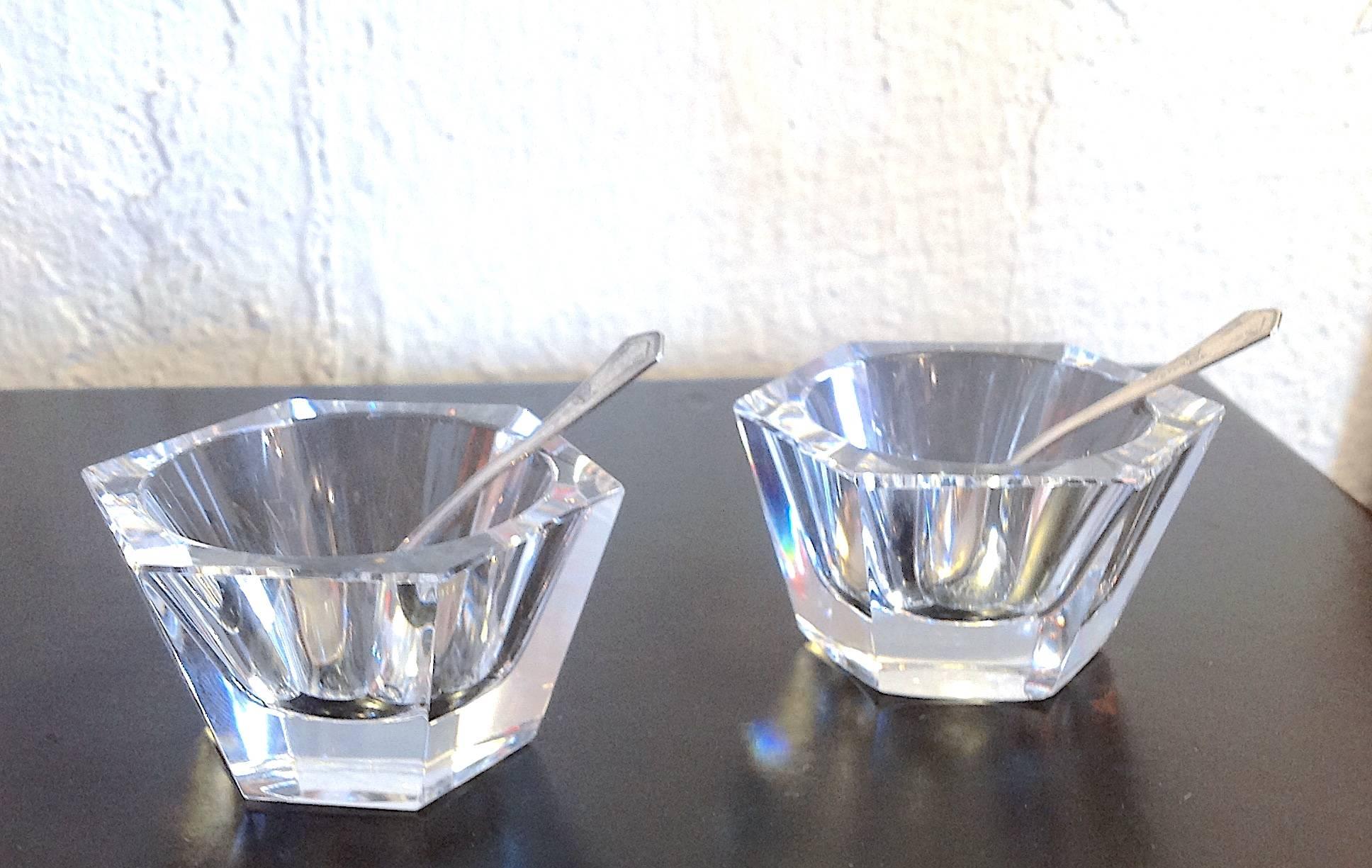 Modern Pair of Baccarat Crystal Salt Cellars with Silver Spoon