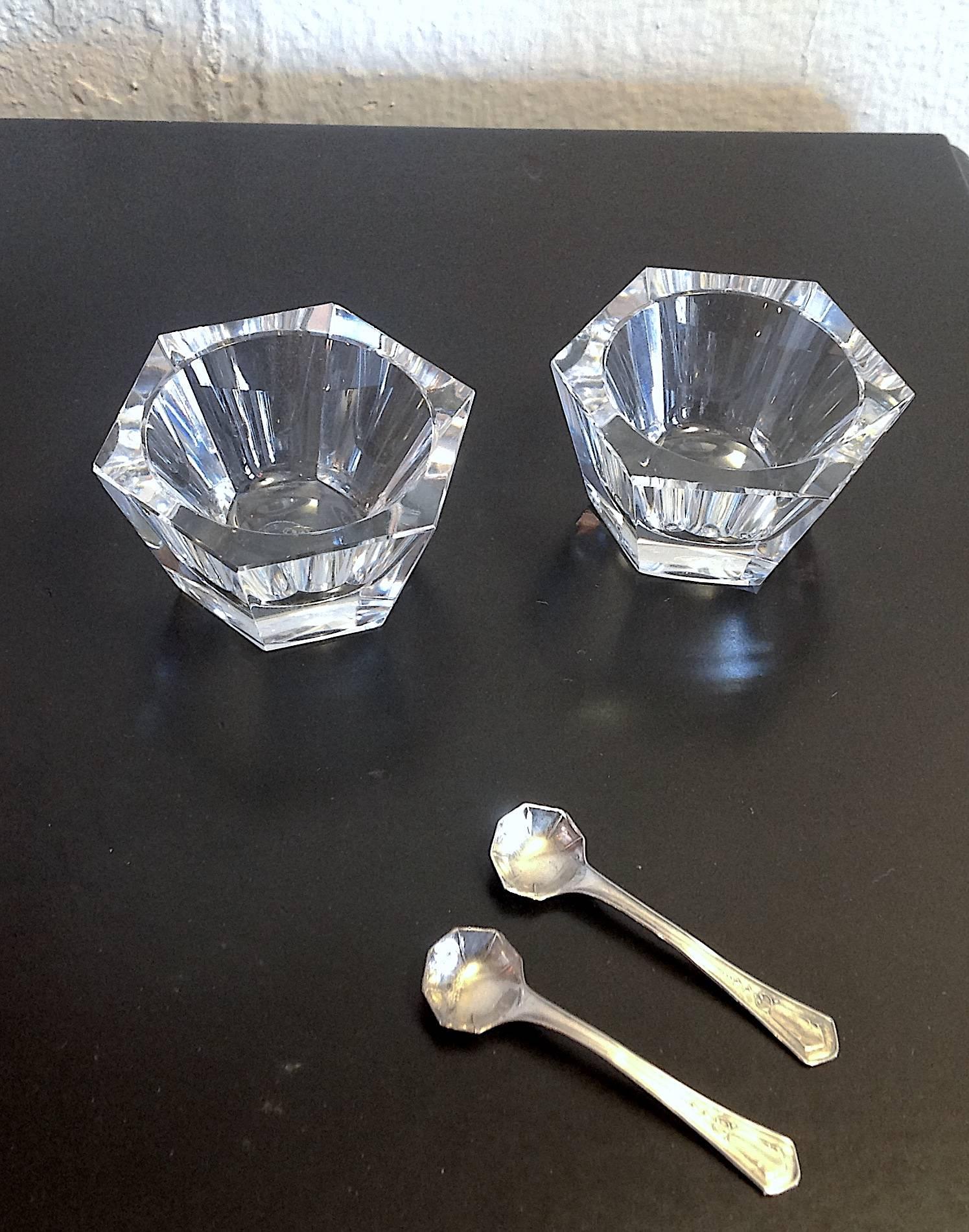 French Pair of Baccarat Crystal Salt Cellars with Silver Spoon