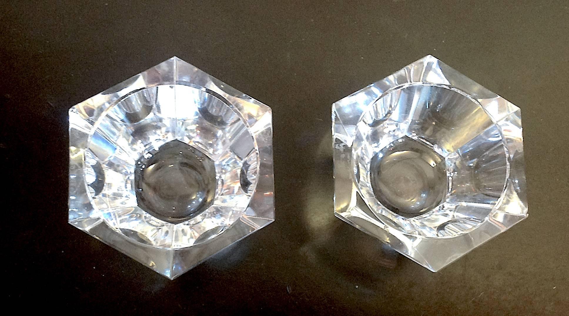 Carved Pair of Baccarat Crystal Salt Cellars with Silver Spoon