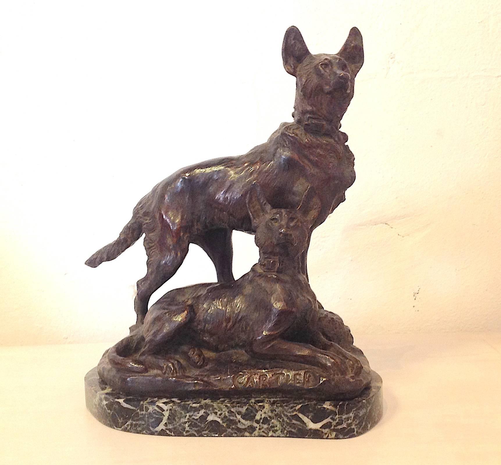 Original antique bronze Wolfhound sculpture signed by Thomas Francois Cartier with marble base. Measure 12.25 inches high and 10.5 inches wide. Excellent condition.