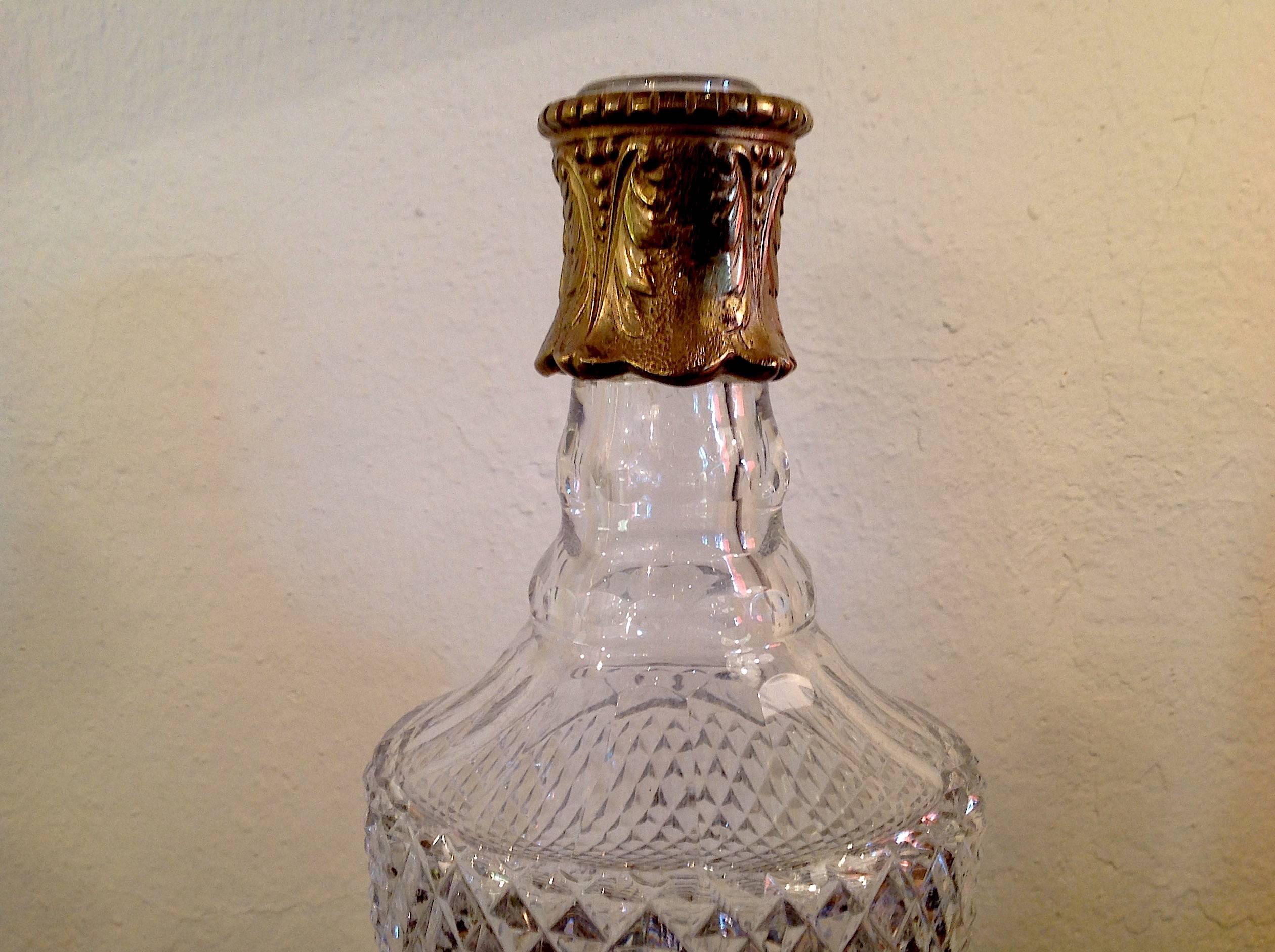 Victorian Vintage Fine Cut Crystal Decanter with Mounted Brass Neck For Sale